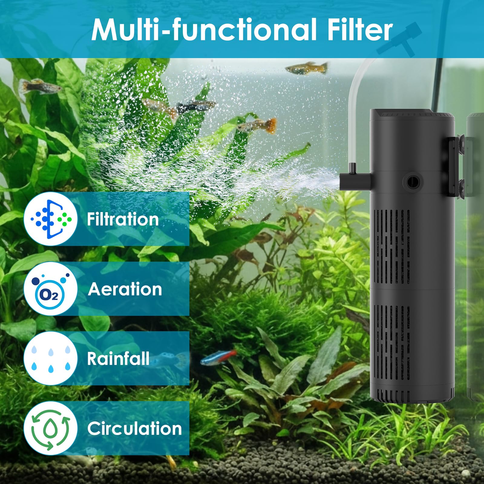 Filtre d'aquarium pour aquariums de 78 à 180 litres, filtre interne d'aquarium, filtre submersible pour tortues, avec modes d'aération/pluie et double sortie d'eau