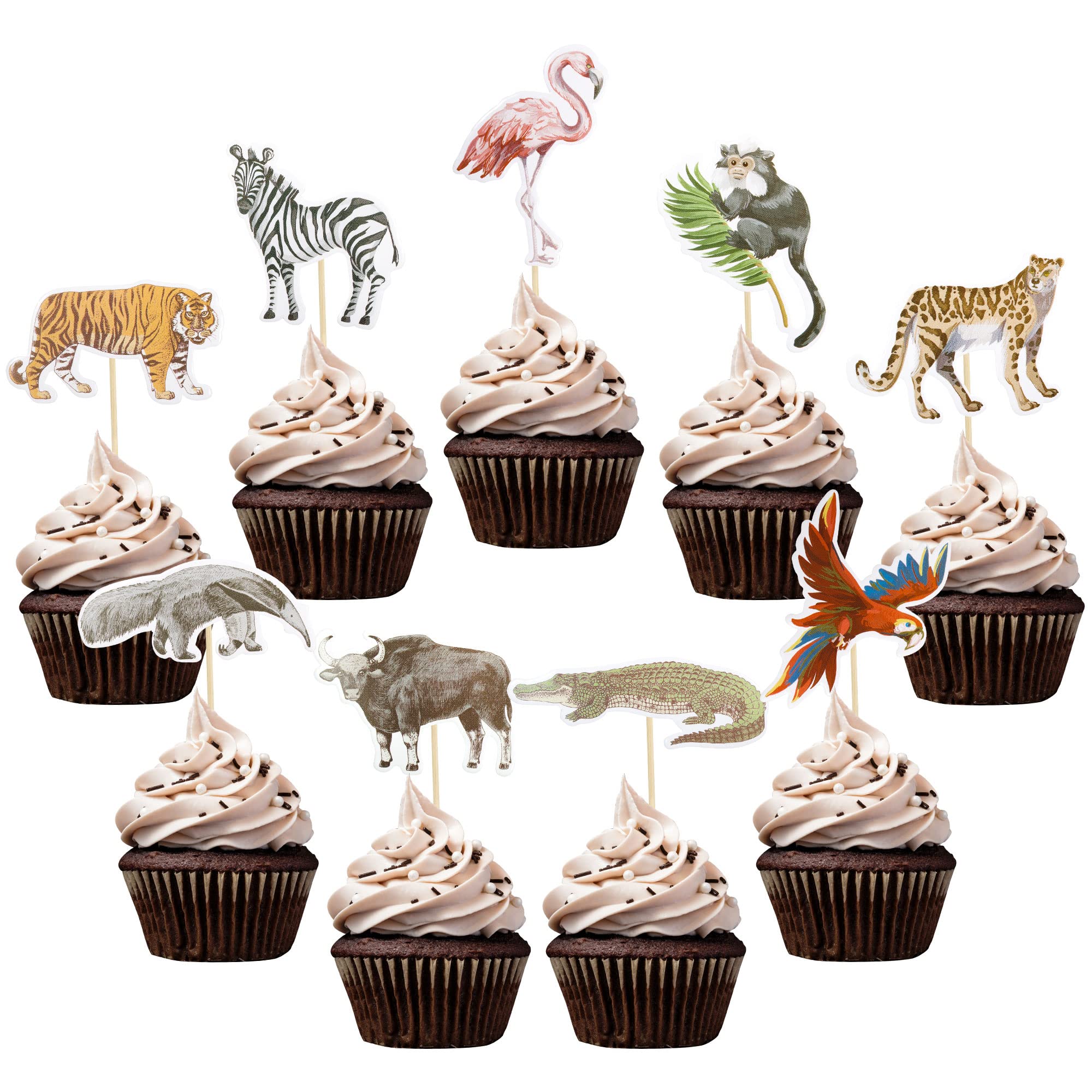 Gyufise 36Pcs Jungle Safari Animal Cupcake Toppers Tiger Zebra Cow Lion Cupcake Pick Decorations for Jungle Theme Baby Shower Kids Birthday Party Cake Decorations Supplies — image 1
