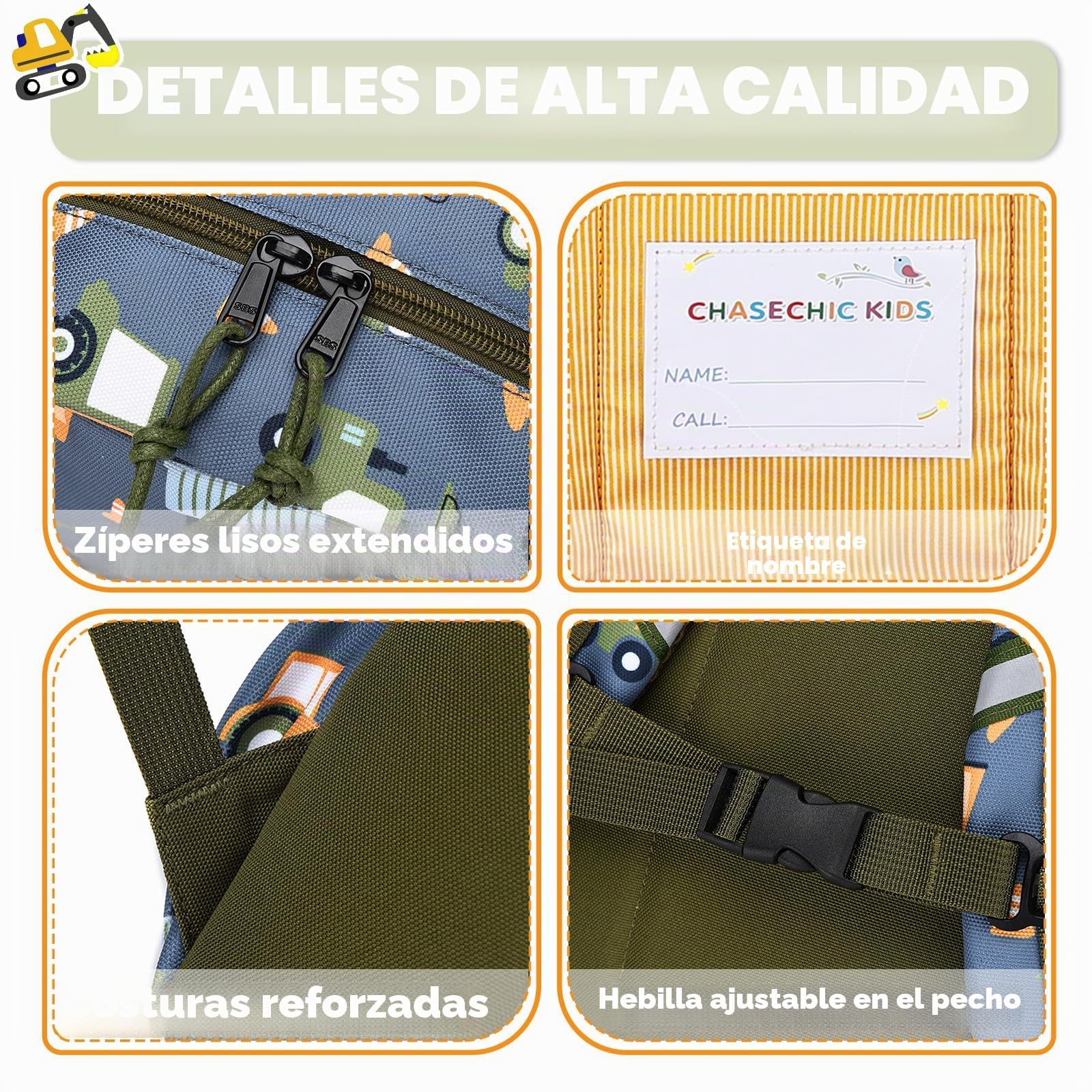 Chase Chic Mochila Infantil Resistente al Agua con Correa de Pecho - Mochila Escolar Ligera para Niños 3‑6 Años, Espalda Acolchada y Bolsillos Laterales, Varios Estilos