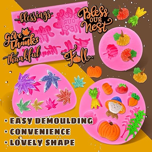 Miniatura 3 de AnyDesign 4 moldes de fondant de otoño, calabaza, hojas de arce, moldes de silicona para otoño, bendición agradecida, caramelo, resina, molde para