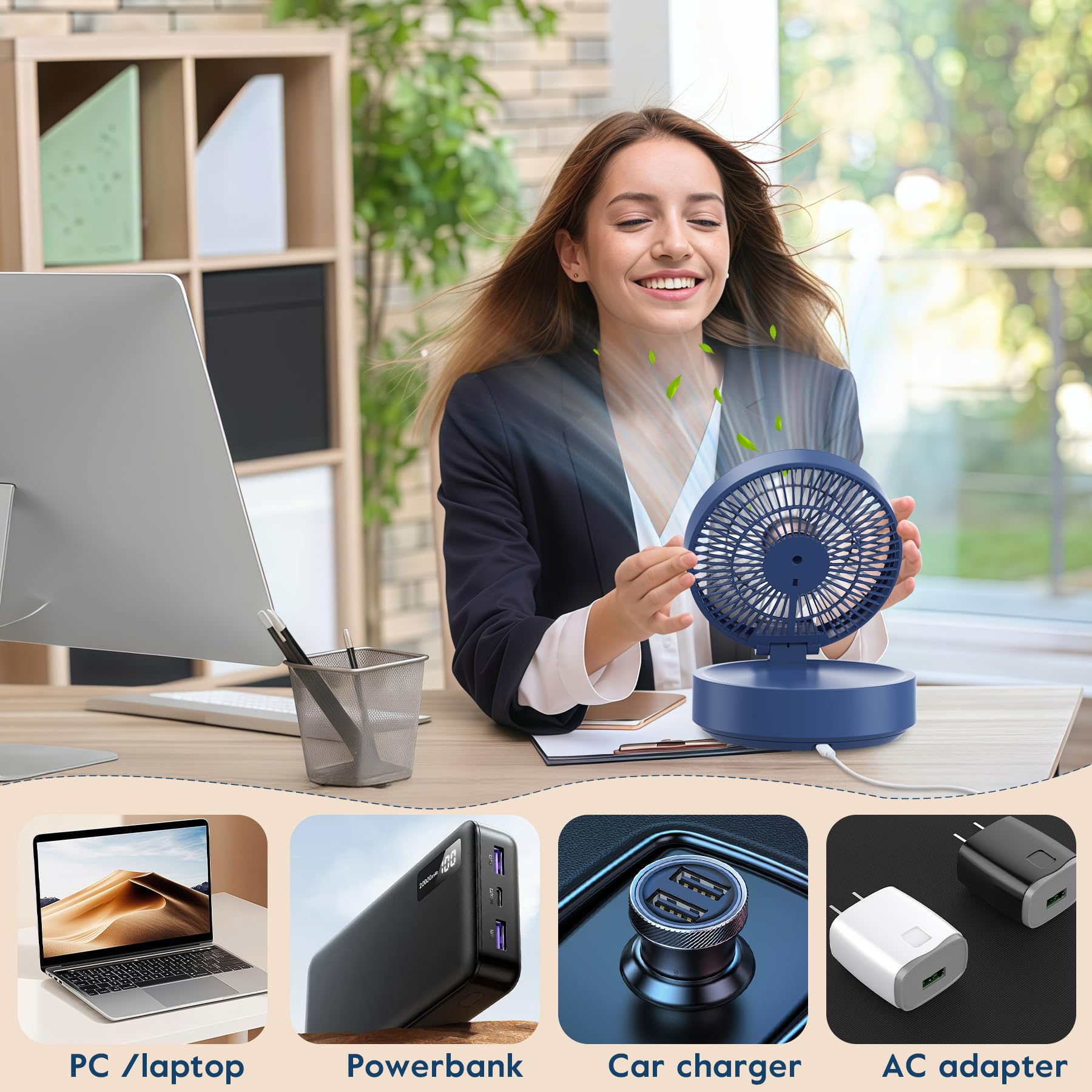 USB Ventilateur Silencieux 4000mAh 120°Rotative avec LED, Télécommande