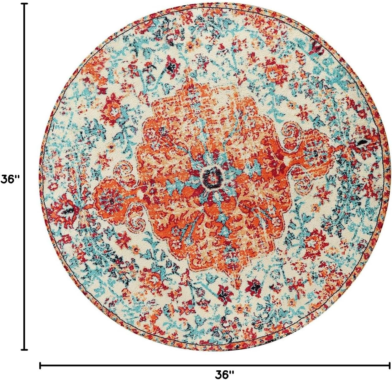 Lahome Bohemian Floral Medallion Round Rug - 3Ft Oriental Distressed Small Round Area Rug Vintage Washable Entryway Foyer Mat Non-Slip Non-Shedding Low-Pile Sofa Bathroom Carpet, Orange/Multi 3' (Round) Orange/Multi