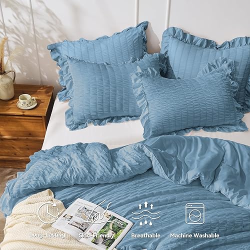 Miniatura 28 de JOLLYVOGUE - Juego de edredón tamaño queen, de 3 piezas, estilo seersucker, ligero y esponjoso para todas las estaciones, con 1 edredón con volantes