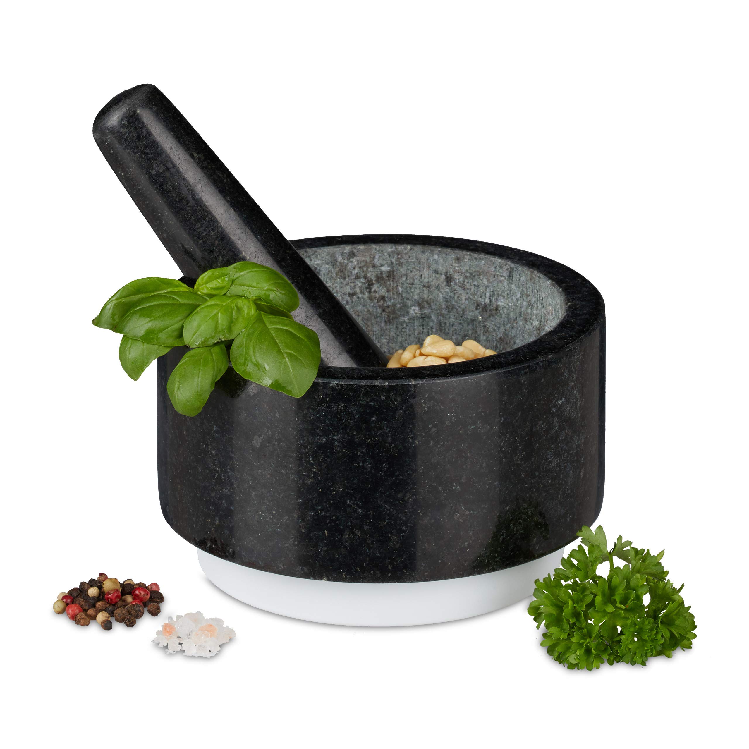 Relaxdays Moździerz granitowy z tłuczkiem, trwały, przyprawy, zioła, antypoślizgowy, moździerz kamienny, Ø 14 cm, 400 ml, szary/biały