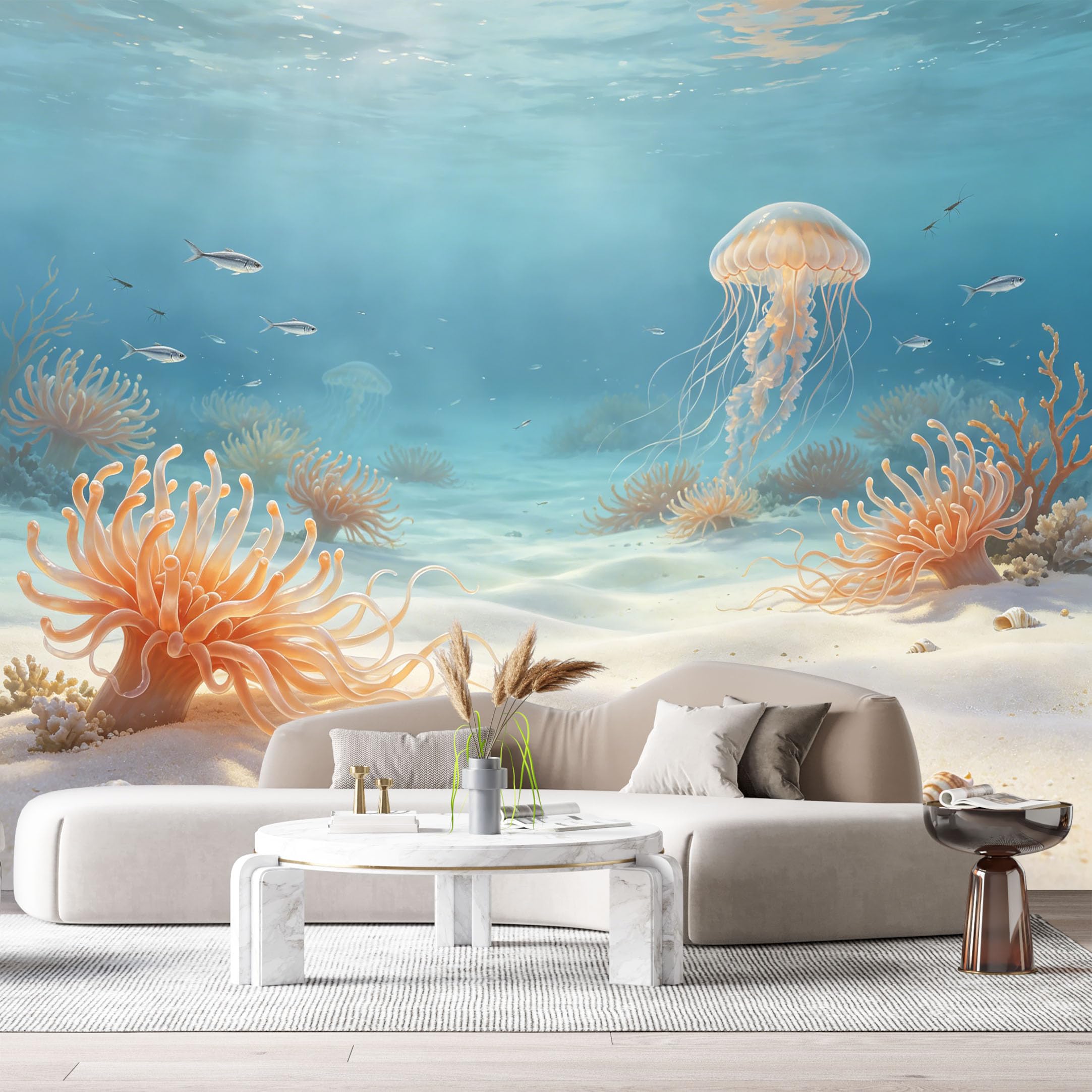 Custom Size Wall Murals Ocean Marine Watercolor Jellyfish Sea Anemone Underwater Scene SelfAdhesiveWall Fabric Removable Wallpaper Wall Decor for Living Room Bedroom Bathroom