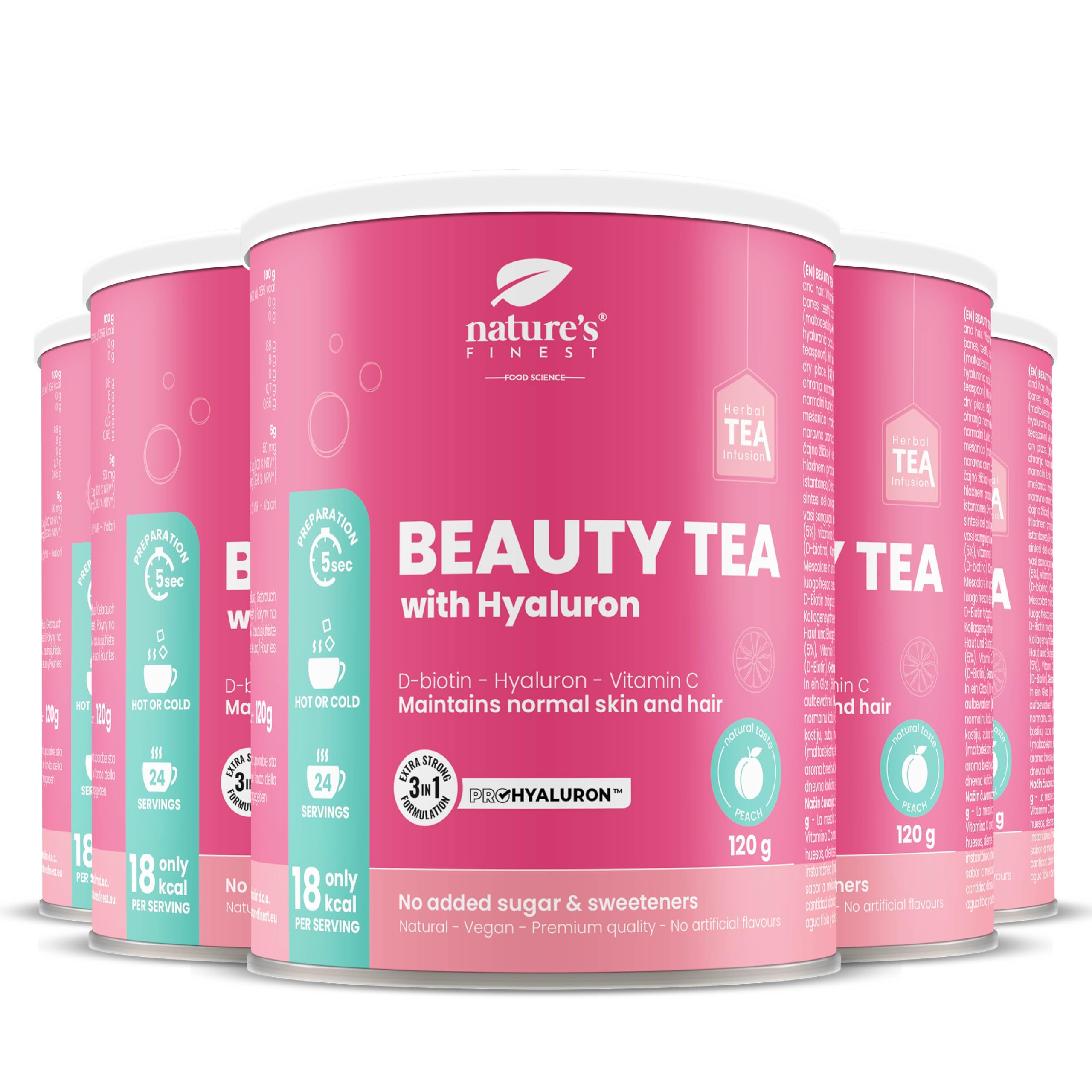 Nature's Finest Beauty Tea, Té Instantáneo 600 g (Paquete de 5) | té instantáneo con ácido hialurónico, biotina y vitamina C - sabor melocotón - sin edulcorantes - se disuelve en agua tibia