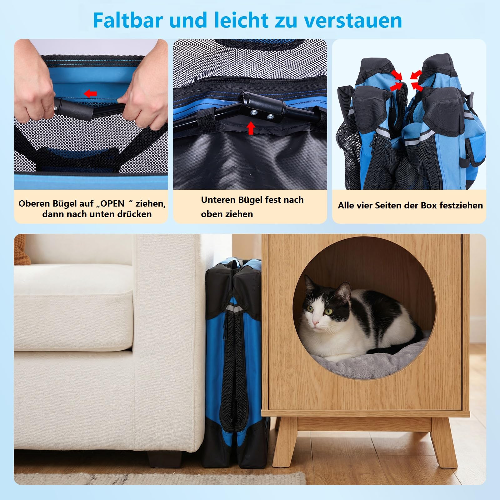 Ownpets 60x40cm Klappbarer Hundekäfig für Katze&Hundewelpe, Tragbarer Reisehundekäfig, 4-Türiger Faltenbarer Haustierkäfig mit Robusten Netzfenstern und Weicher Matte, Blau
