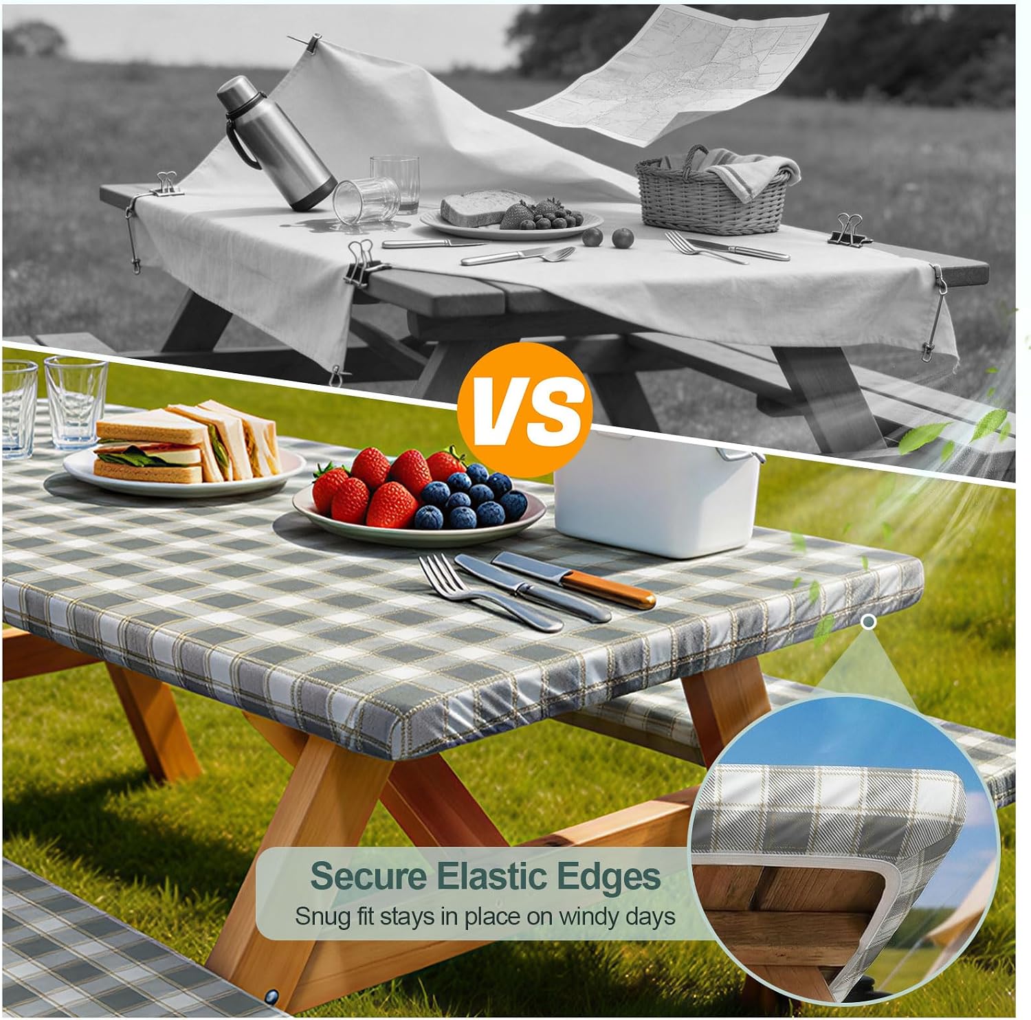Picnic Table Cover with Bench Covers Camping Essentials Waterproof Windproof Camping Tablecloth with Drawstring Bag, Fitted Rectangle Tables and Seats, 72in, Gray White image 3