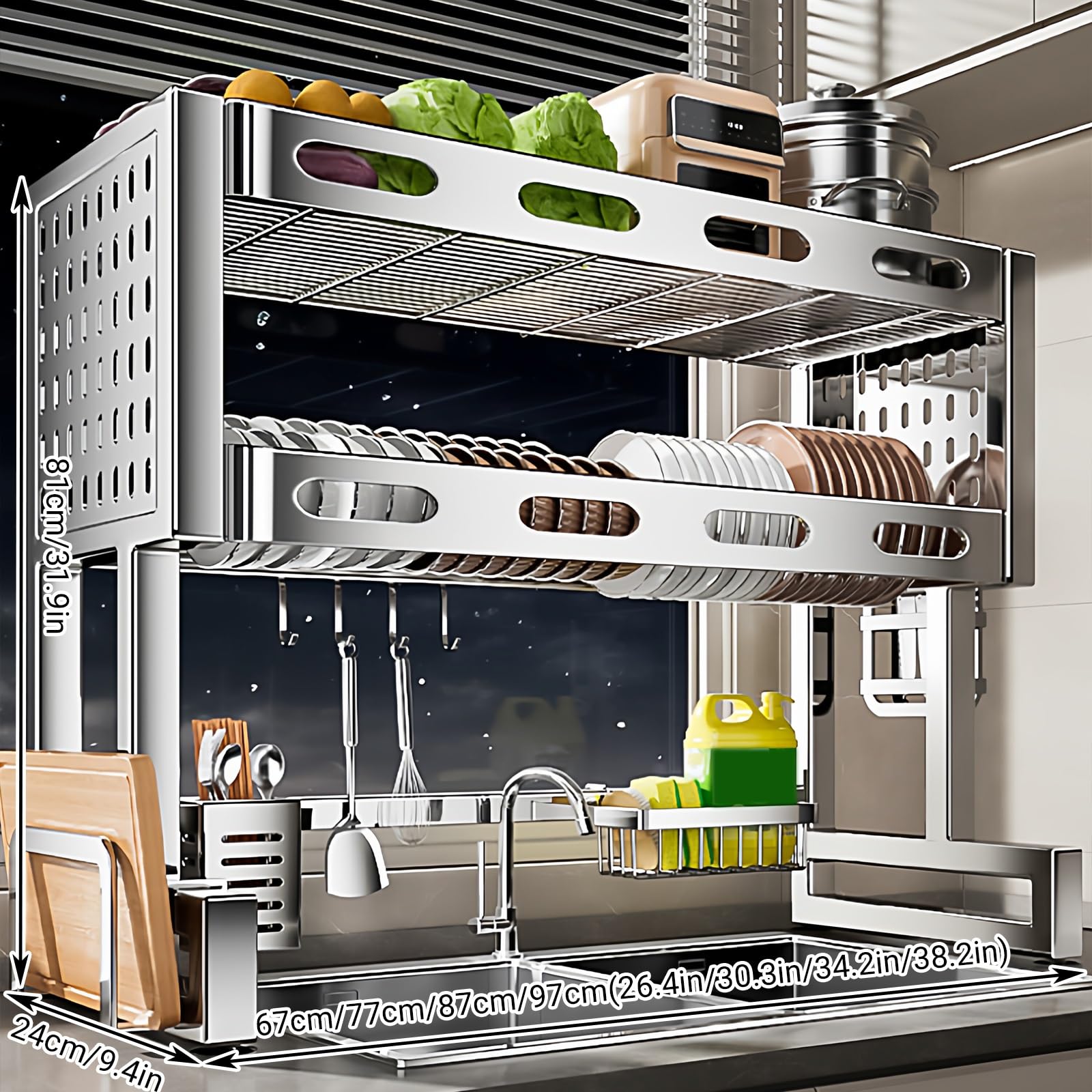 Escurridor de Platos sobre el Fregadero, de Acero Inoxidable, con Soporte para Cubiertos extraíble, mostrador de Almacenamiento de vajilla de Cocina, Ahorra Espacio, para Platos, Vasos y Cue