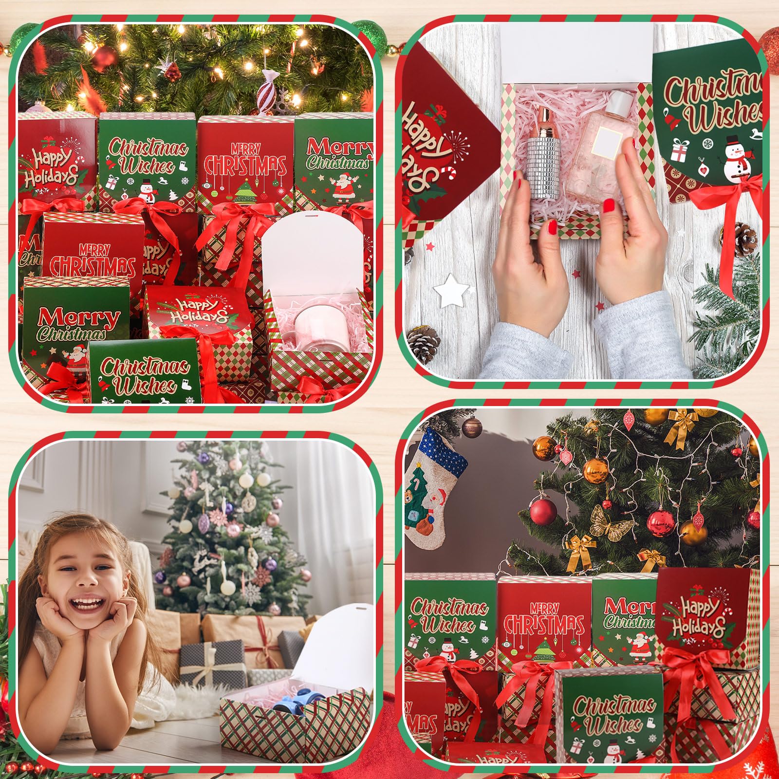 Cholemy Lot de 24 boîtes cadeaux de Noël avec couvercles, 17 x 17 x 7 cm, boîtes à friandises de Noël avec ruban rustique pour cadeaux, cupcakes au chocolat (style adorable)