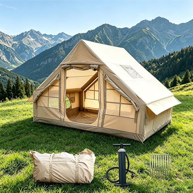 Inflatable Camping Tents with Pump, Air Glamping Tents, Easy Setup Waterproof and Windproof Blow up Tent, 4 Seasons Oxford Cabin Tent.