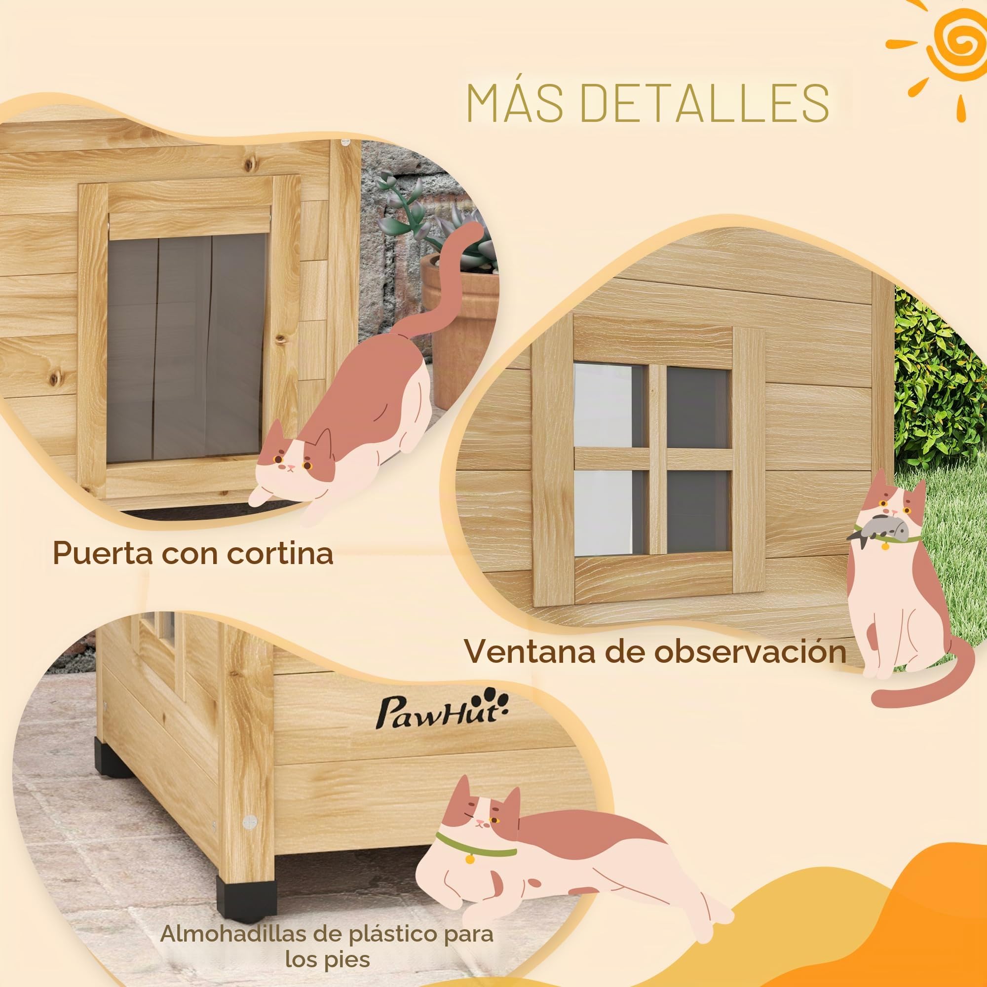 PawHut Casa Madera Gatos Exterior Invernal 57x45x43cm Amarillo