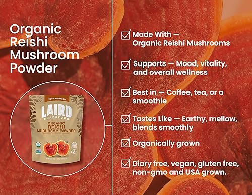 Miniatura 3 de Laird Superfood Polvo orgánico de hongos Reishi para apoyo inmunológico y alivio del estrés, bolsa de 3.17 onzas, paquete de 1