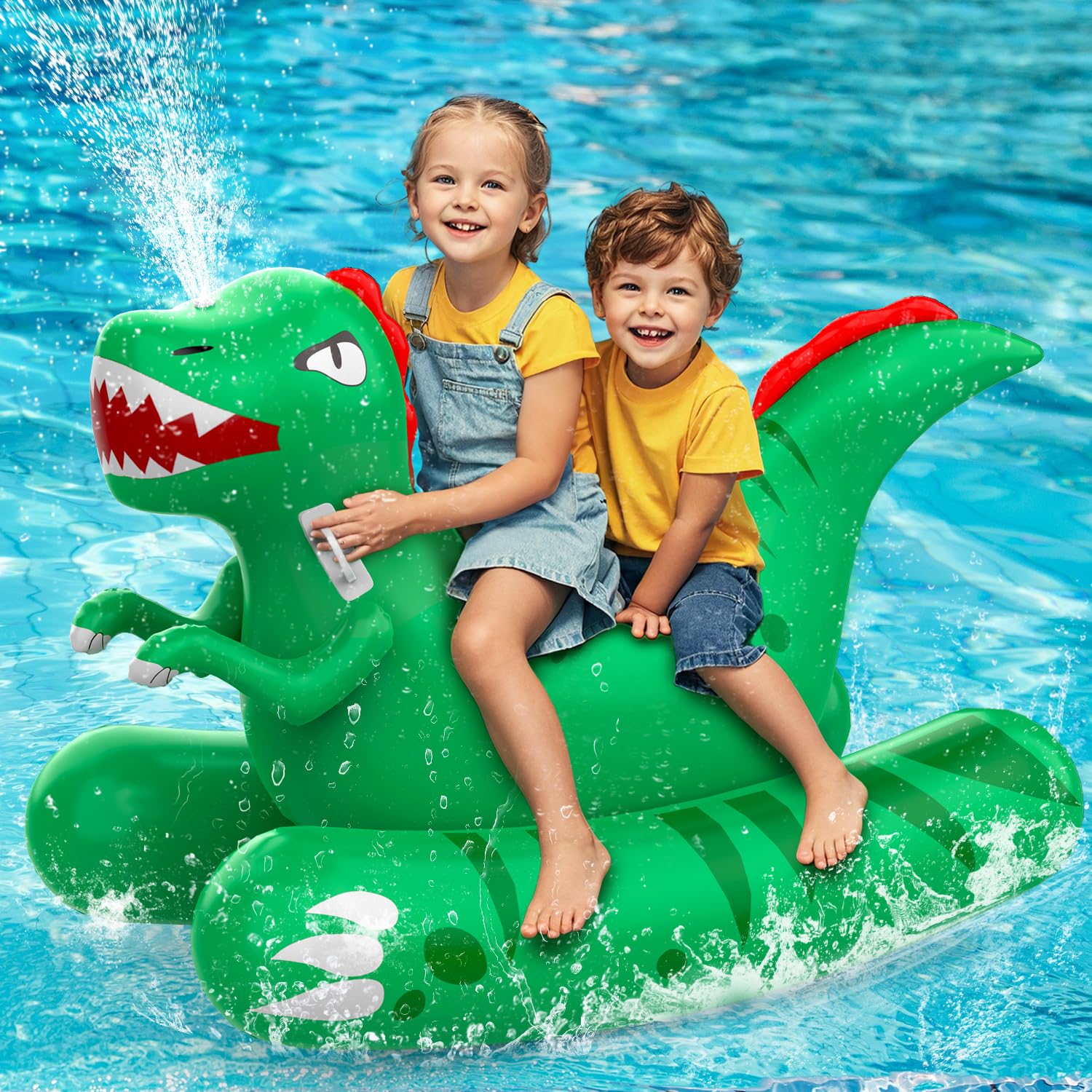 Skirfy Dinosaur Pool Float with Sprinkler 72'' Gaint Outdoor Toys for Kids, Water Toys for Swim Party, Inflatable Pool Float for Kids Adults