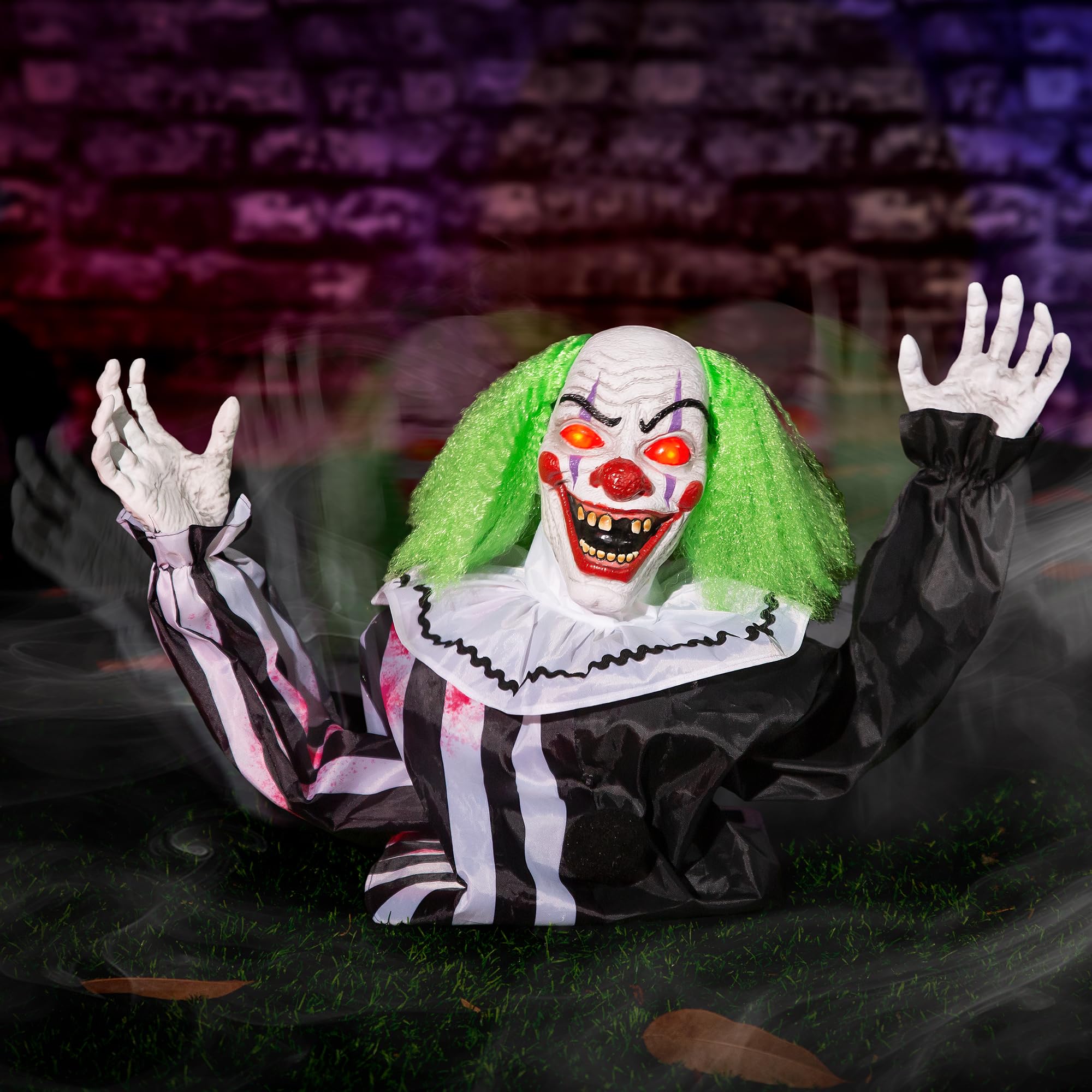 Halloween Animatronics Clown Decorations Outdoor, Animated Groundbreaker Clown Scary Talking Clowns with Sound &amp; Motion Activated, Lighted Eyes, Creepy Sound, Movable Arms for Graveyard Haunted House