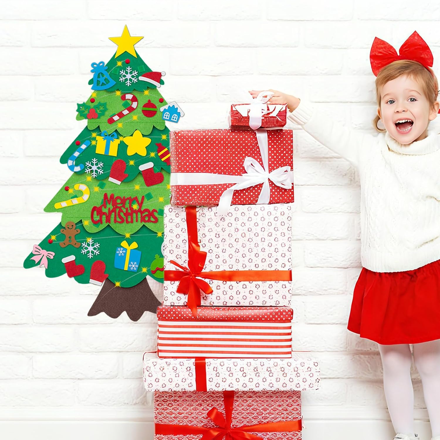 3.1FT DIY Felt Christmas Tree Set, Montessori Felt Christmas Tree for Toddlers, Kids Interactive Xmas Tree with 32Pcs Detachable Tree Ornaments and LED String Lights, Christmas Wall Decor