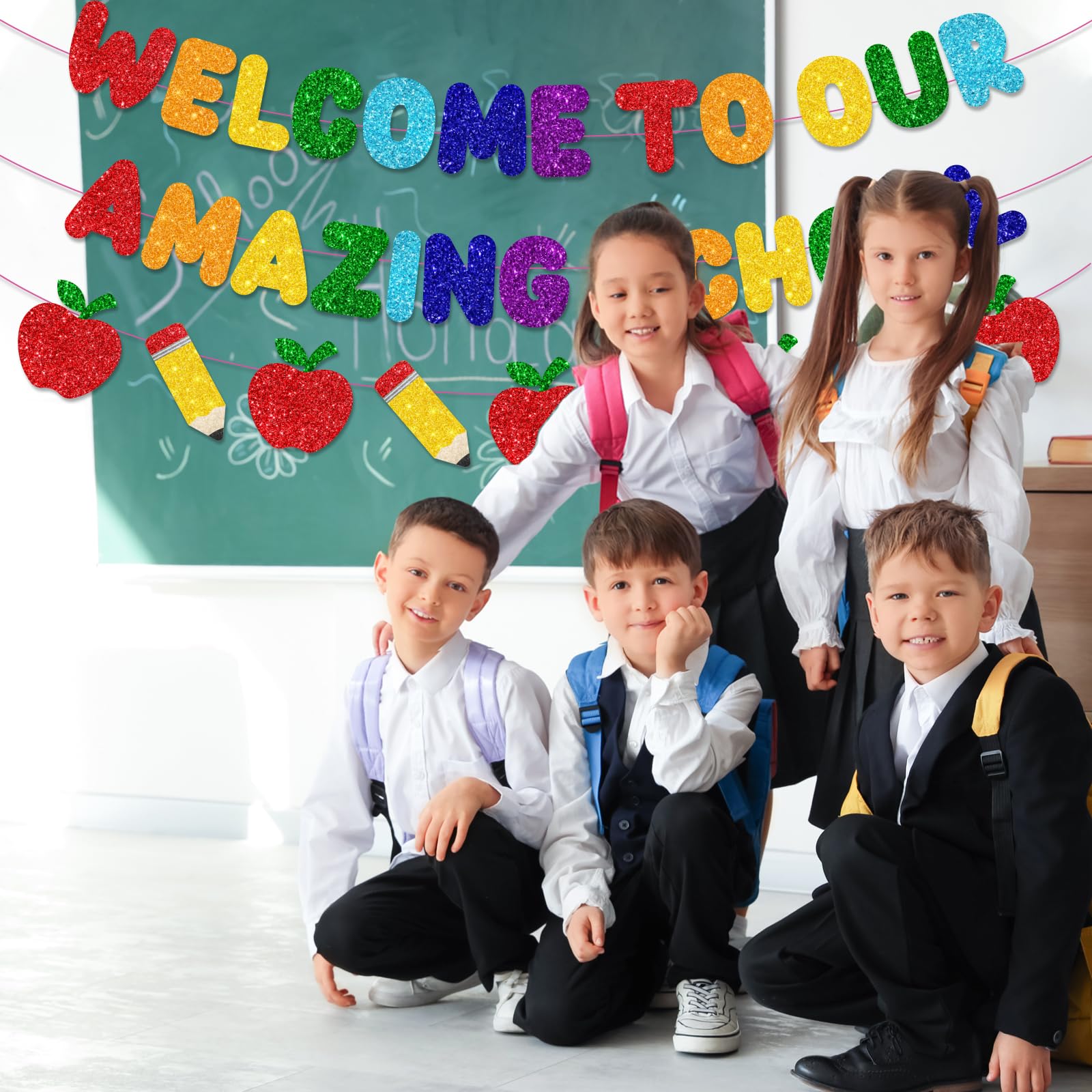 Bienvenido a nuestra increíble pancarta escolar, decoración de pancarta con purpurina para el día de regreso a clases