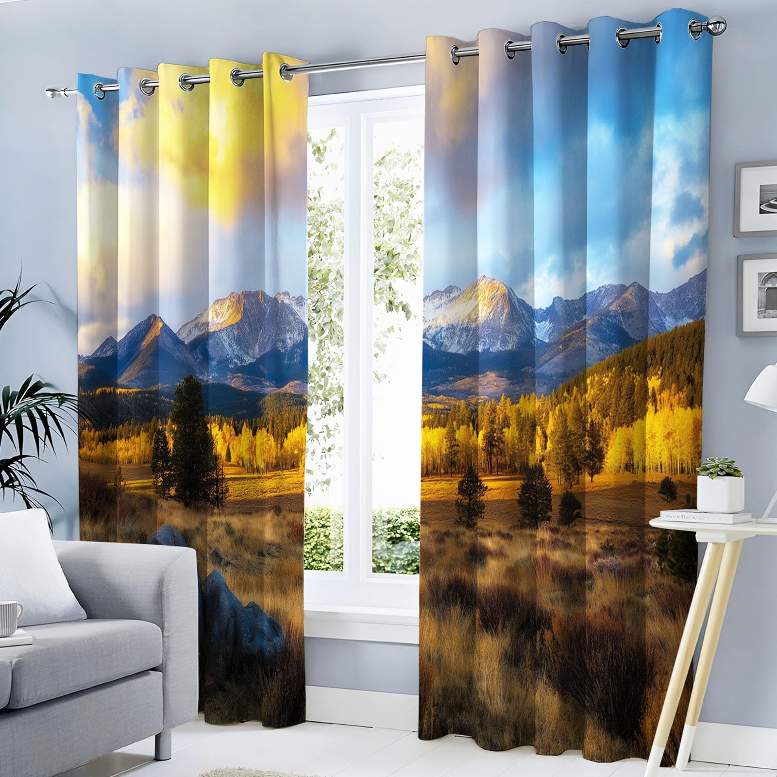 Rideau Occultant Isolant Thermique, Anti Froid Rideaux Opaque pour Chambre Coucher Salon Paysage Décor Chambre, Motif Vallée Champ, 140L X 225H cm, 2 Panneaux, Or Bleu