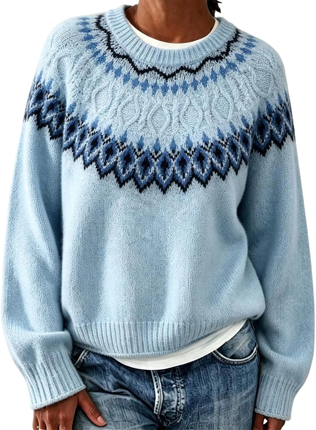 Women's Fair Isle Sweater Crew Neck Long Sleeve Vintage Knit Tops