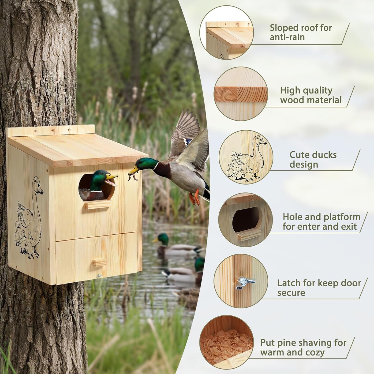 Wood Duck House for Outside - Waterproof Duck Nesting House Outdoor for Mallards Hooded Mergansers, INRLKIT 17 x 12 x 12 Inches Large Wooden Duck Box for Backyard Pond Wetland Garden Outside