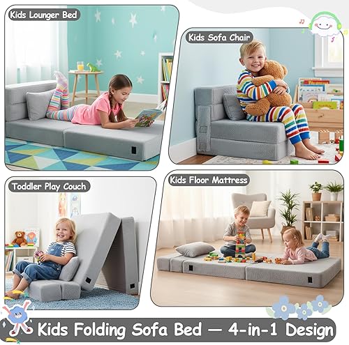 Miniatura 5 de Tiita Colchón de suelo para niños pequeños, sofá plegable para niños, futón convertible con bolsa de almacenamiento para niños, gris felpa