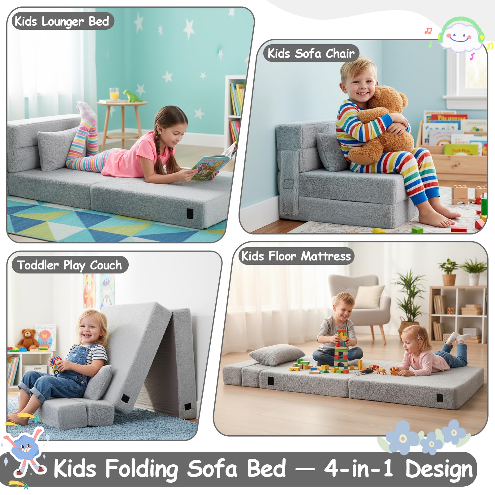 Sofá cama para niños, colchón de suelo para niños pequeños que brilla en la oscuridad, sofá modular de dinosaurio azul para bebé, sofá plegable para niños, futón plegable, cama para sala de