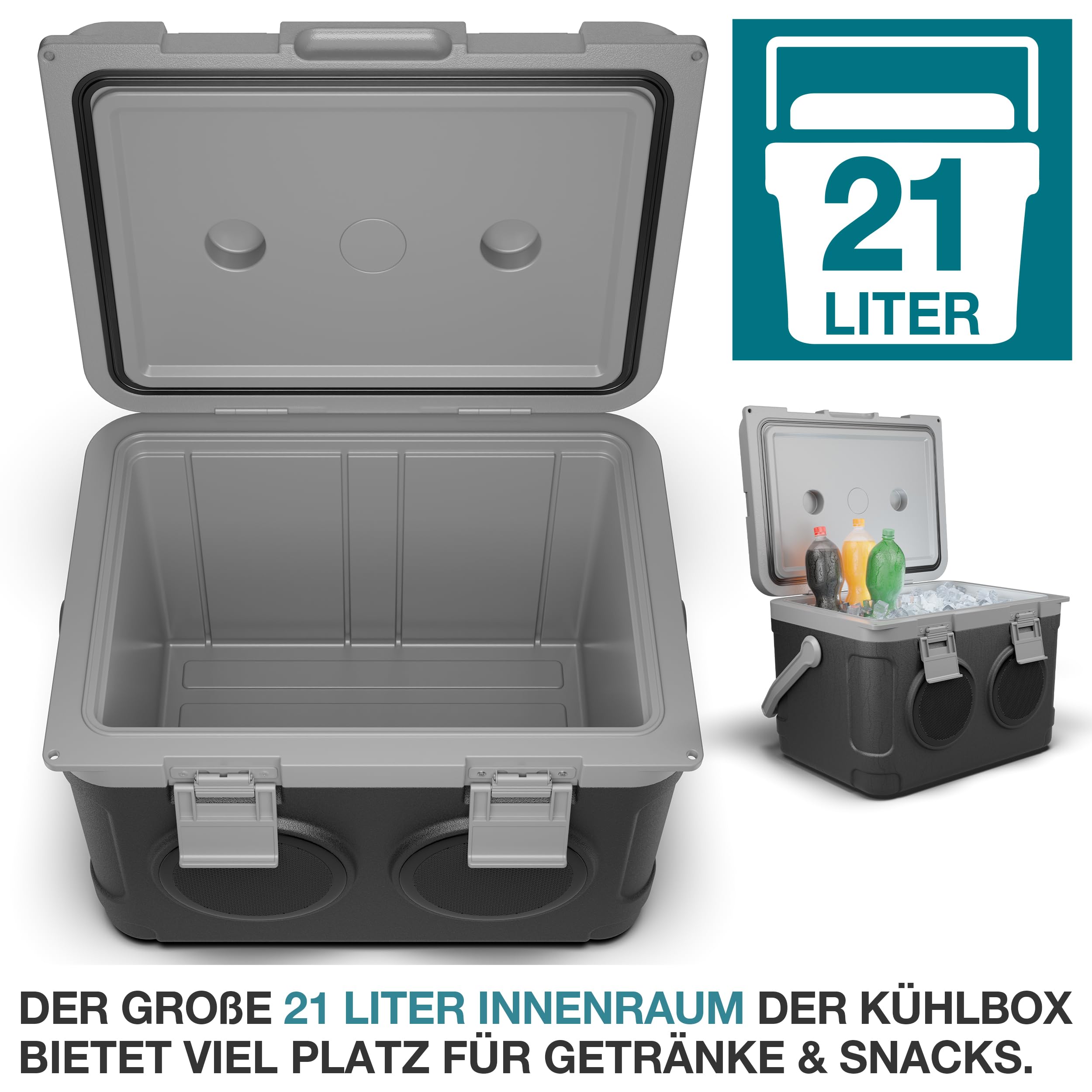 TOM 3in1 Musik Kühlbox 21l zum Kühlen, Warmhalten und Musik hören – mit Bluetooth Lautsprecher – Kühlen mit Kühlakkus – Mobile Kühlbox – für Auto, Camping, Wohnwagen & Co.