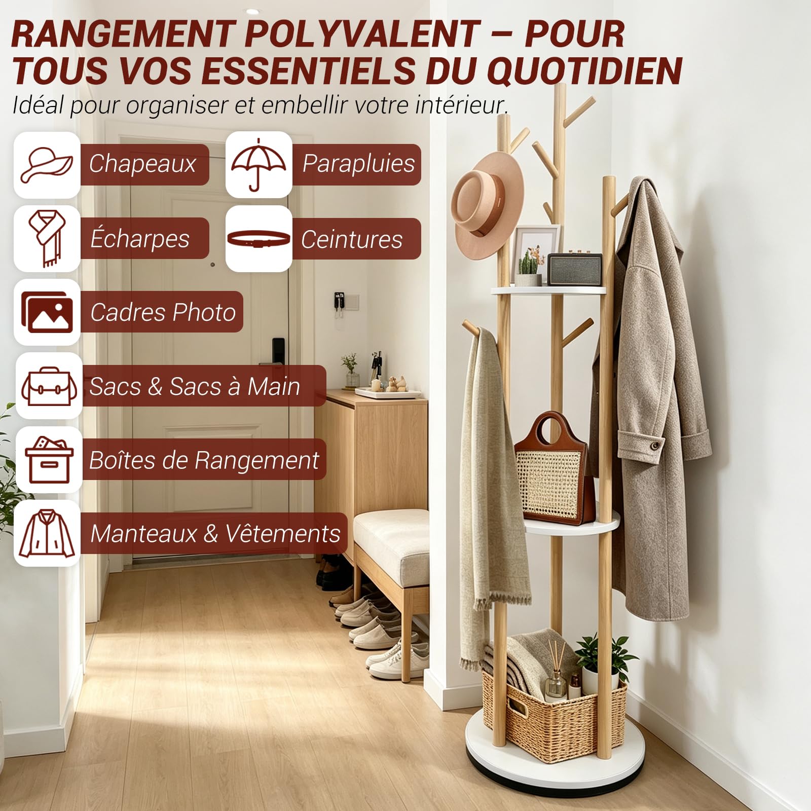 SUNDOY Porte-Manteau Pivotant sur Pied en Bois 165 cm