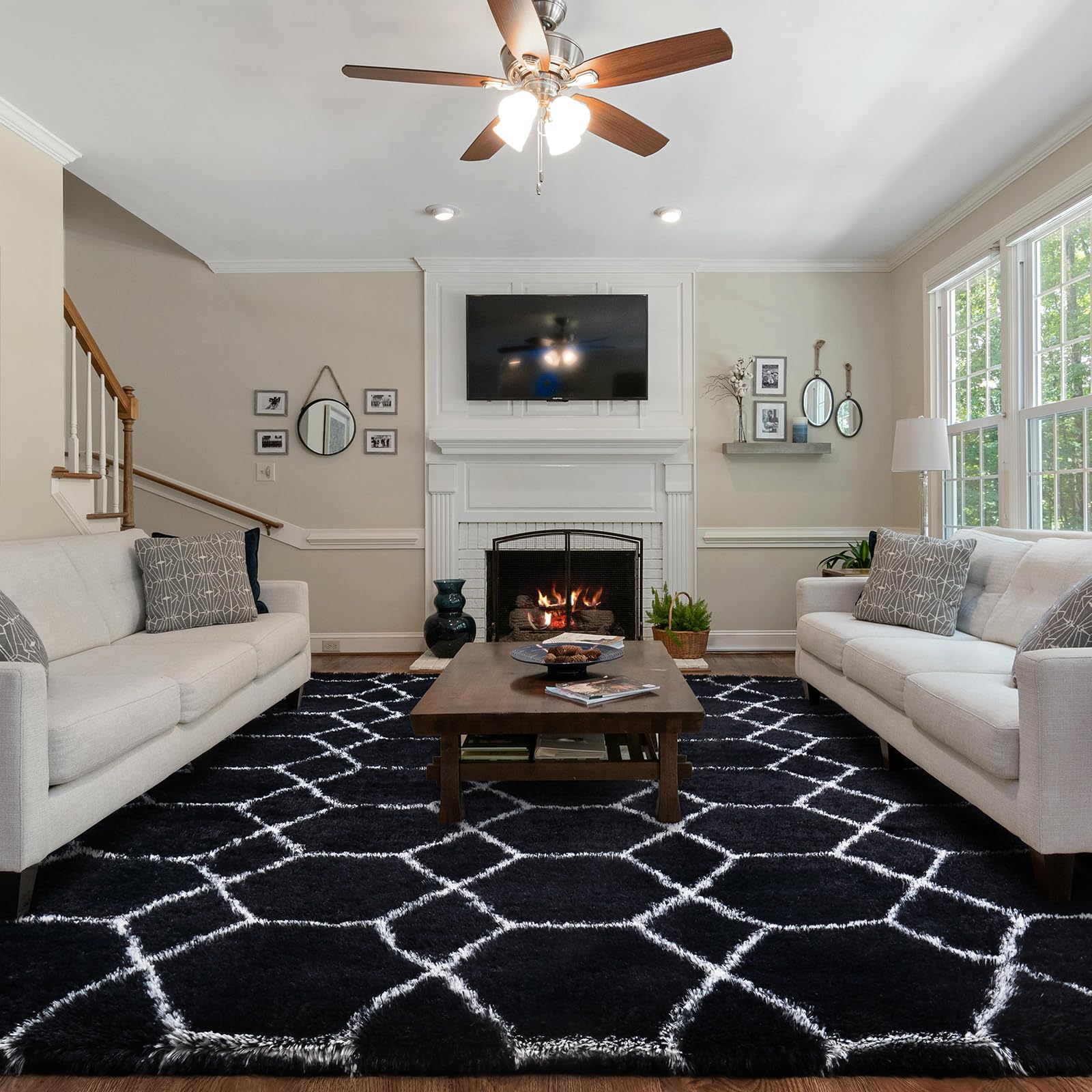 FVVRAX Fluffy Rug for Living Room 200x300cm, Extra Large Plush Shaggy Area Rug for Bedroom Black and White Line, Long Pile Modern Geometric Soft Floor Carpet Non-Slip, Low Shedding — image 1
