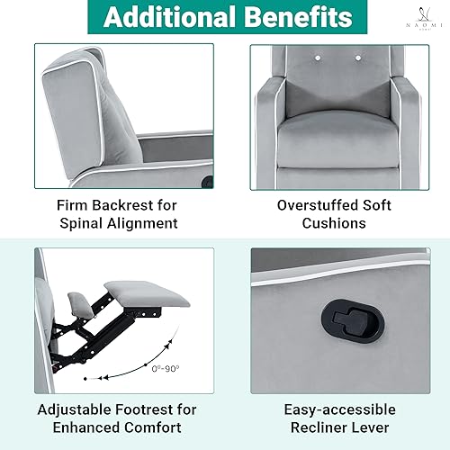 Miniatura 4 de Naomi Home Odelia - Mecedora reclinable giratoria, color gris claro, silla ergonómica de lactancia con reposapiés para comodidad calmante en