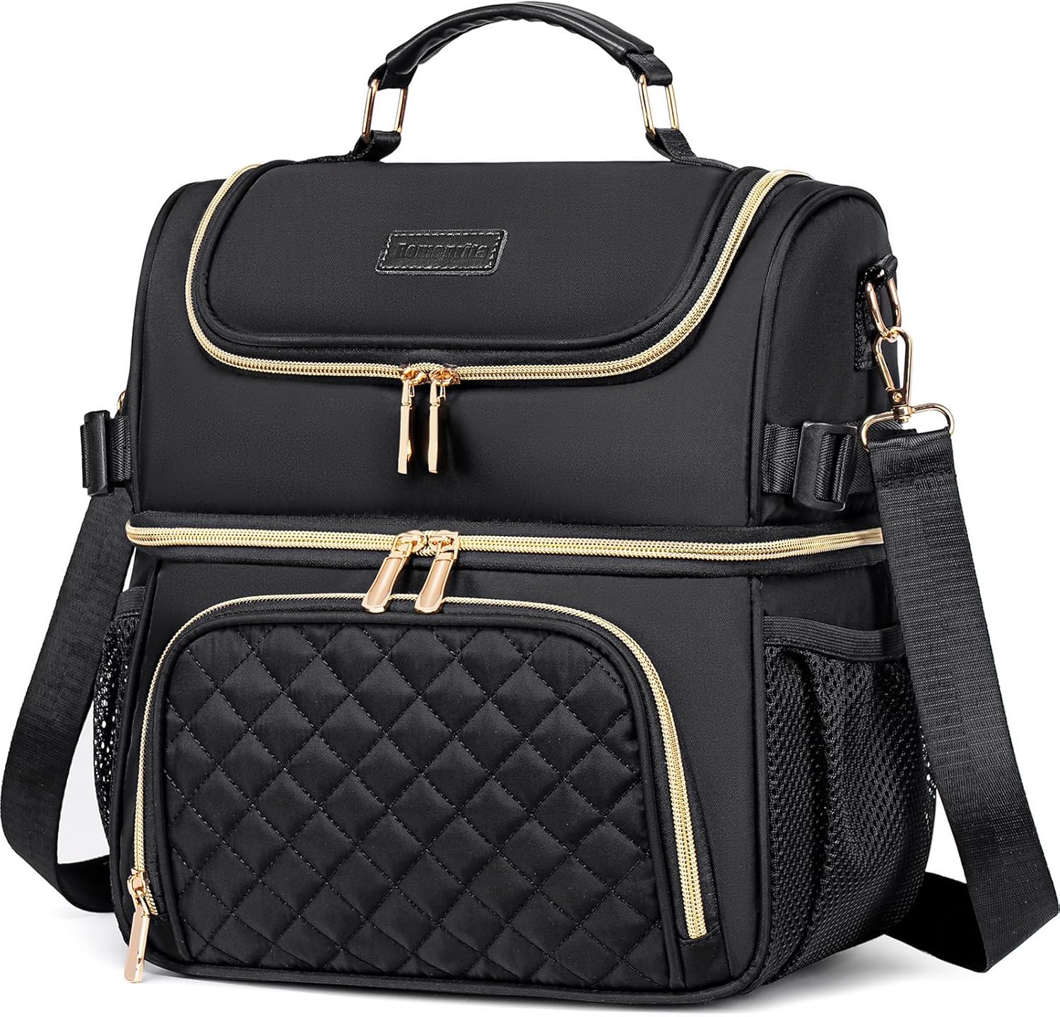 Lunch Bags for Women, Dual Compartment Lunch Box Lunch Bag for Work, Leakproof Lunch Cooler Large Insulated Lunchbox for Adult for Women Men, Lunchbag for Picnic Beach (Black)