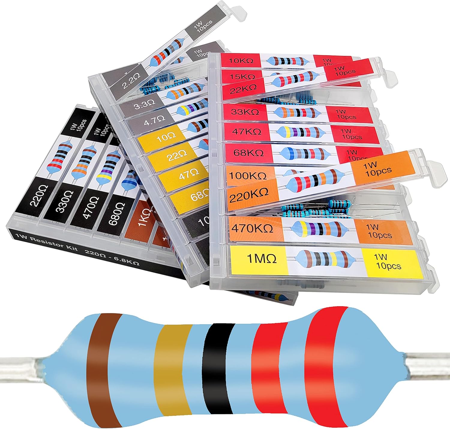 1W 30 Values 300pcs Individual Compartment 1 Ohm-1M Ohm with 1% Metal Film Resistor Assortment Kit and Electrical Industrial Assorted Set K Ohm Pack for Led Lights
