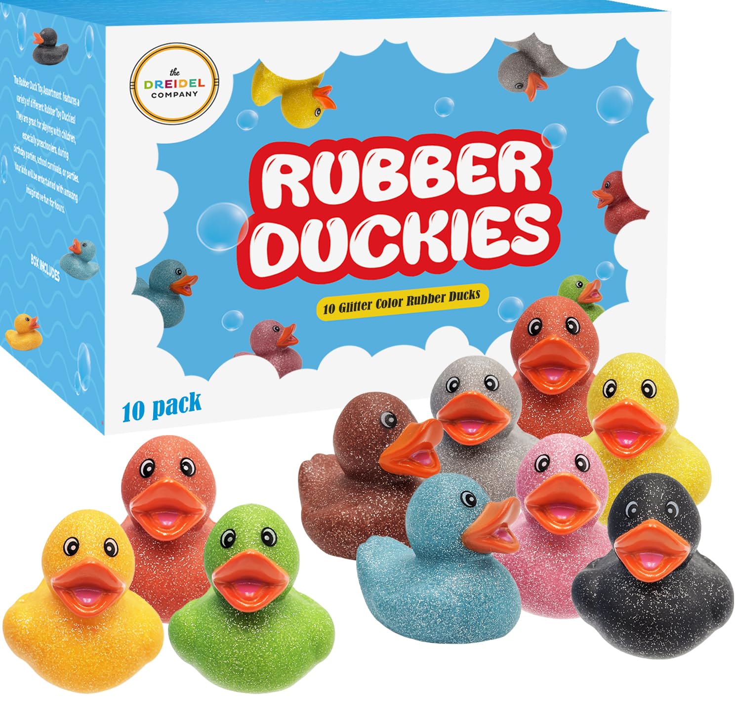 The Dreidel Company Glitter Rubber Duck Toy Assortment Duckies for Kids, Bath Birthday Gifts Baby Showers Summer Beach and Pool Activity, 2" (10-Pack)