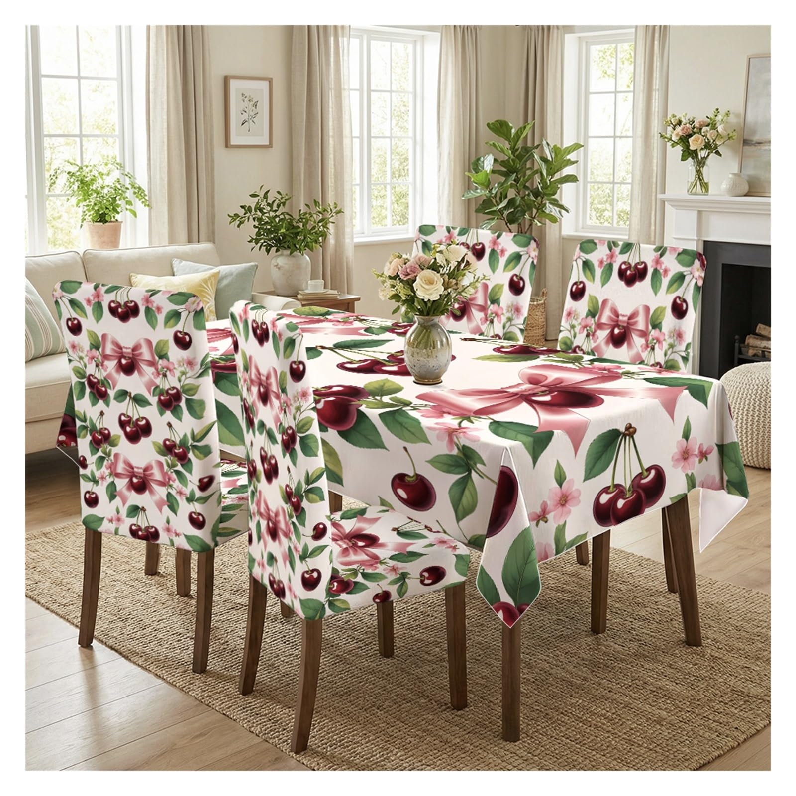 Ensemble nappe et housses de chaise cerise pour rénover facilement votre salle à manger