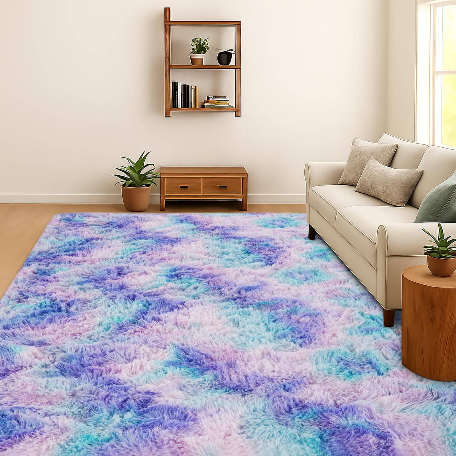 SOANNY Rugs Living Room, Large Soft Fluffy Tie-Dye Area Rug, Non-Slip, Machine Washable Floor Carpet for Bedroom, Dorm, Bedside, Lounge, Office, Nursery, Playroom, 140x200 cm, Teal Purple โ image 1