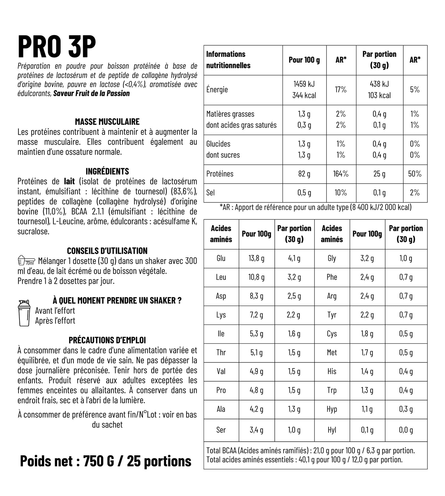 PRO 3P - Whey et collagène - Protéines en poudre - Fruit de la passion - 750g