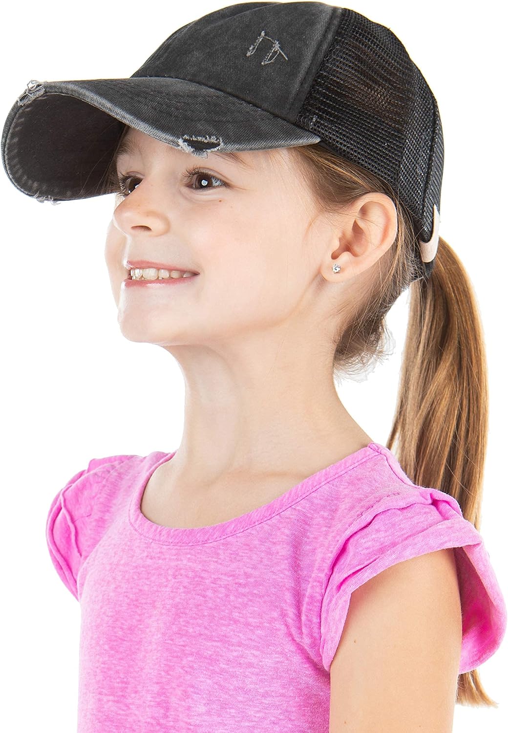 Funky Junque Girls Criss Cross Ponytail Baseball Cap, Kids Messy Bun Hat