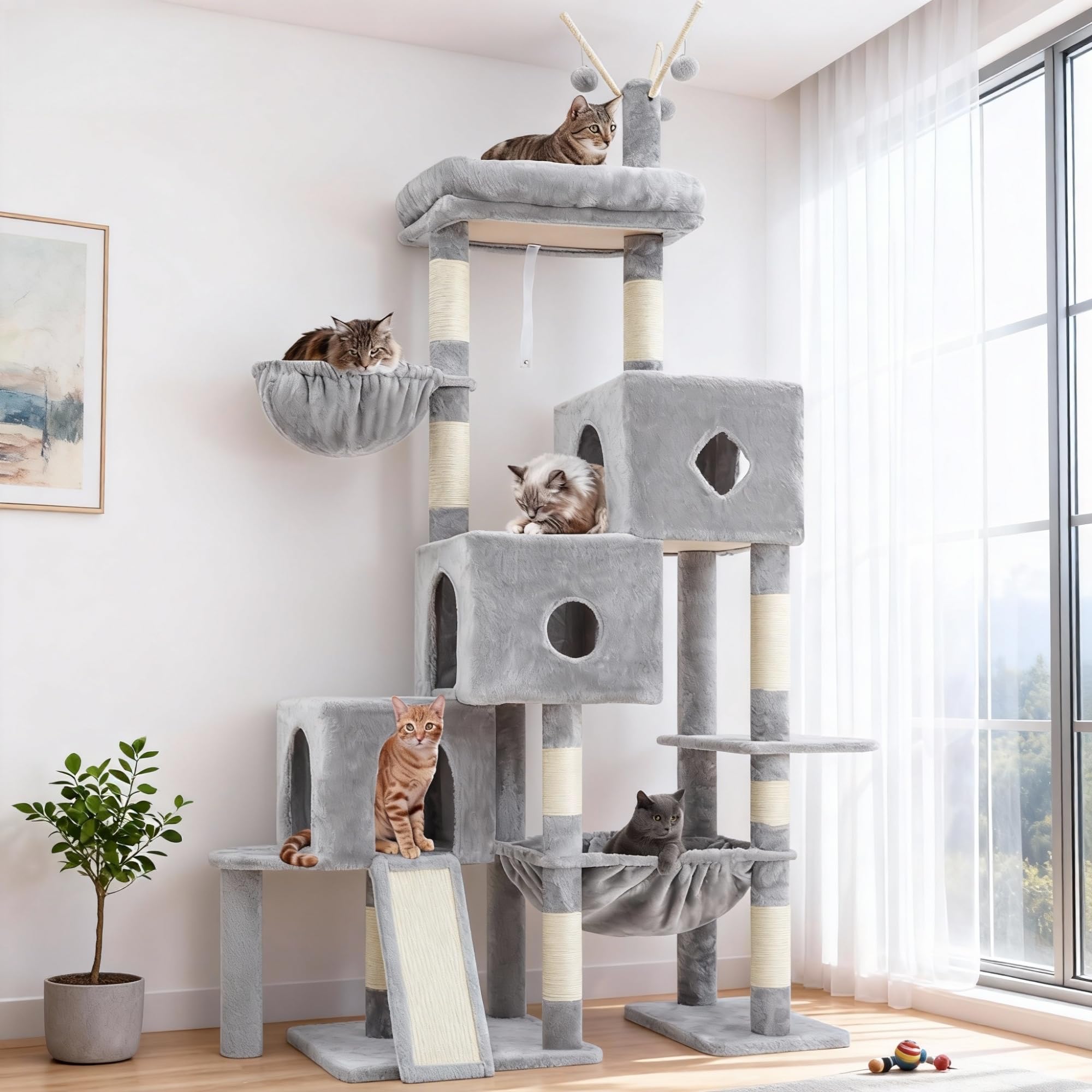 Hey-brother Kratzbaum, Stufiger Katzenbaum für Großkatze, mit 3 Katzenbetten, großer Hängematte, liegefläche und Sisalkratzbrett – großes internes Katzenmöbel, 160 cm hoch