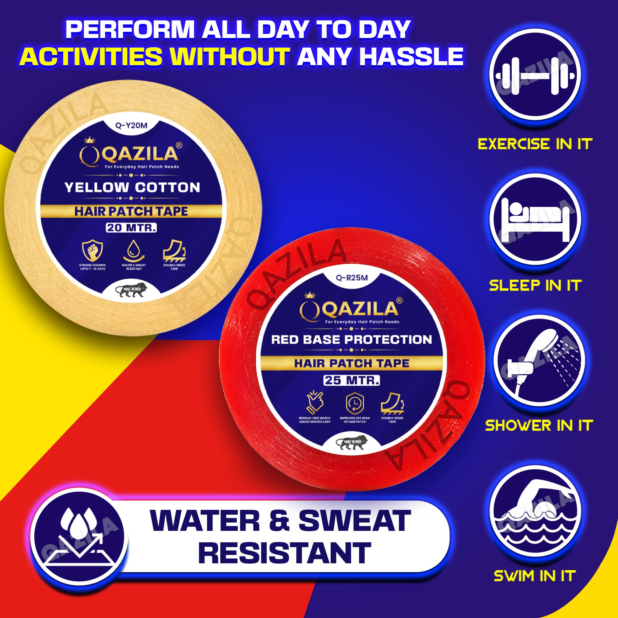 Qazila Hair Patch Tapes Combo | Yellow Cotton & Red Base Protection | Protects Base & Provides Holding Strength upto 7-14 days | Double-sided | Water & Sweat Resistant | Skin-Friendly | 1 inch Width 3