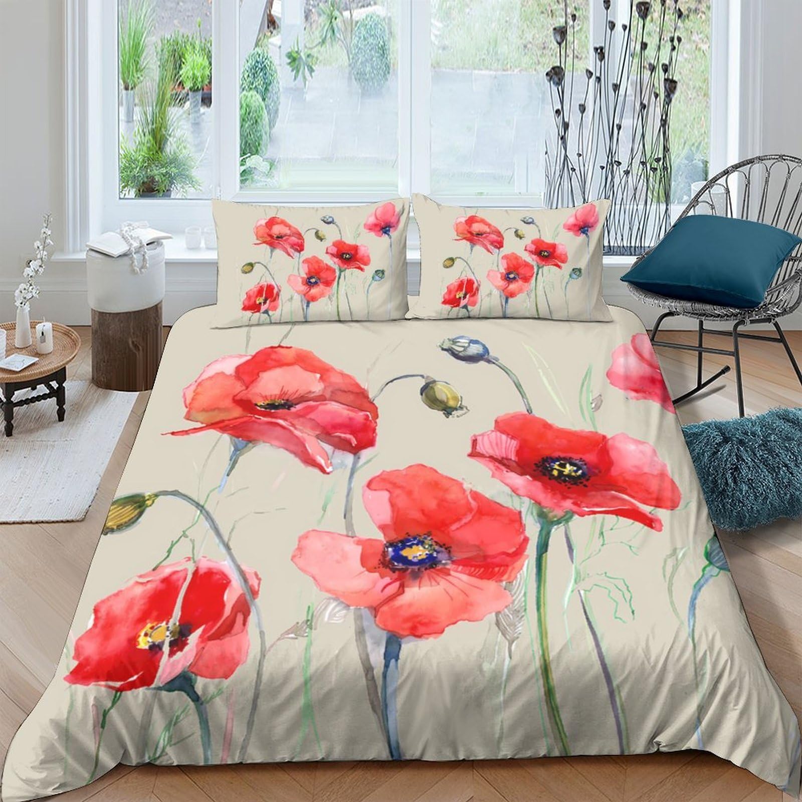 Ctjqhvkz Style-9 3D Printed Red Poppy Fitted Sheet Microfiber Soft Floral Bed Cover Watercolor Wildflower Mattress Protector For Bedroom Guest Room Single（135X200cm）