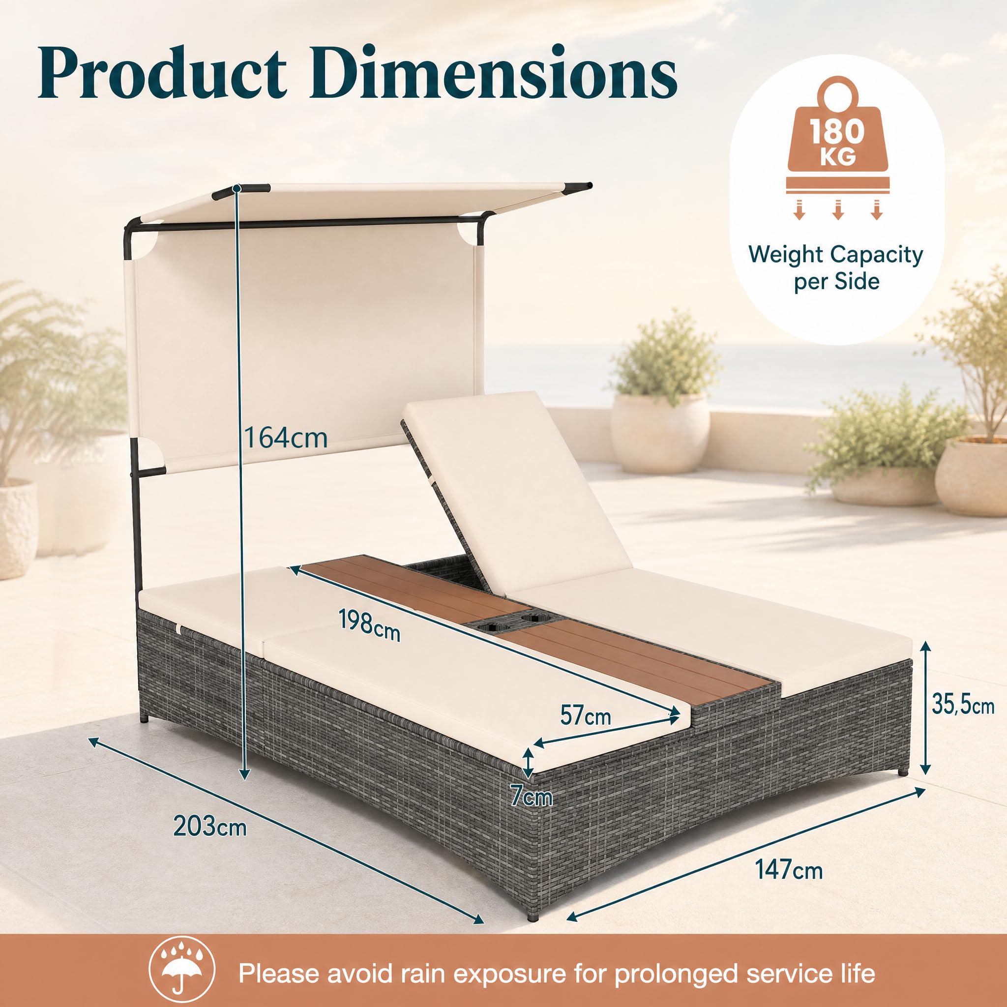 GIANTEX Lettino Prendisole a 2 Posti, Lettino da Giardino in Rattan e Metallo, Schienali Regolabili e Tettuccio Integrato, Moderno Sdraio con Cuscini Morbidi e Tavolino per Piscina e Cortile (Beige)