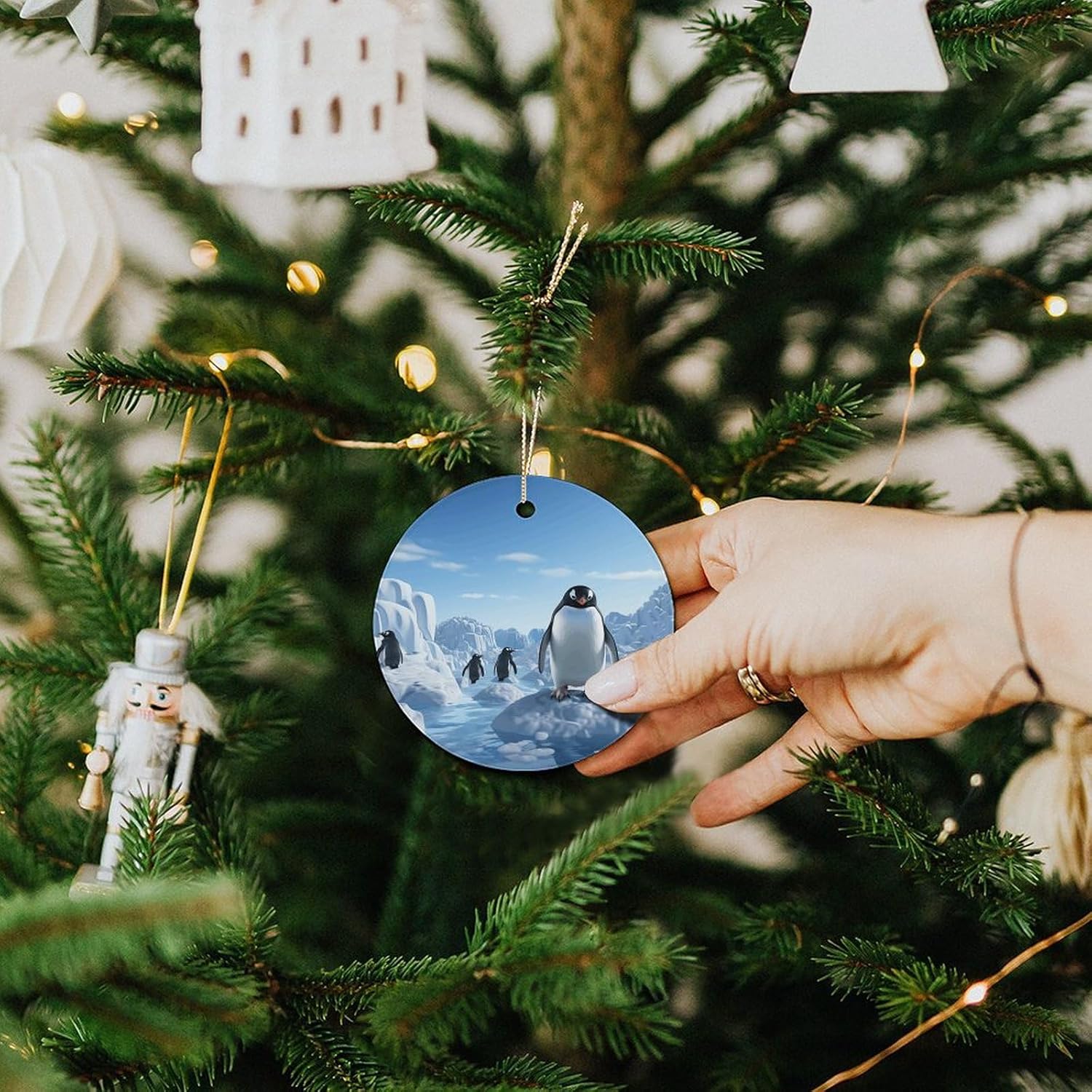 Christmas Ceramic Ornament, Penguin Antarctica Ice Print Round Holiday Decoration with Hanging String, Perfect for Christmas Tree, Fireplace