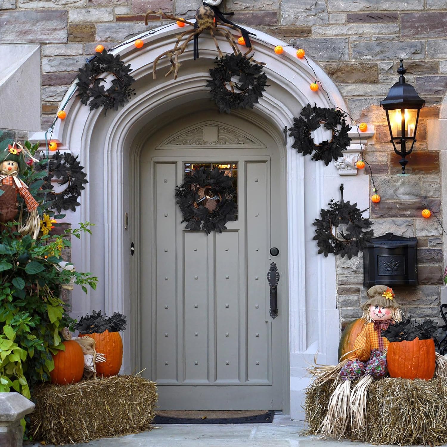 6Pcs Candle Rings, Halloween Black Candle Rings Wreath for Pillar Candle Holder, Maple Leaf Small Wreaths for Fall Thanksgiving Home Table Centerpieces, Door, Wall, Window Decorations (Black)