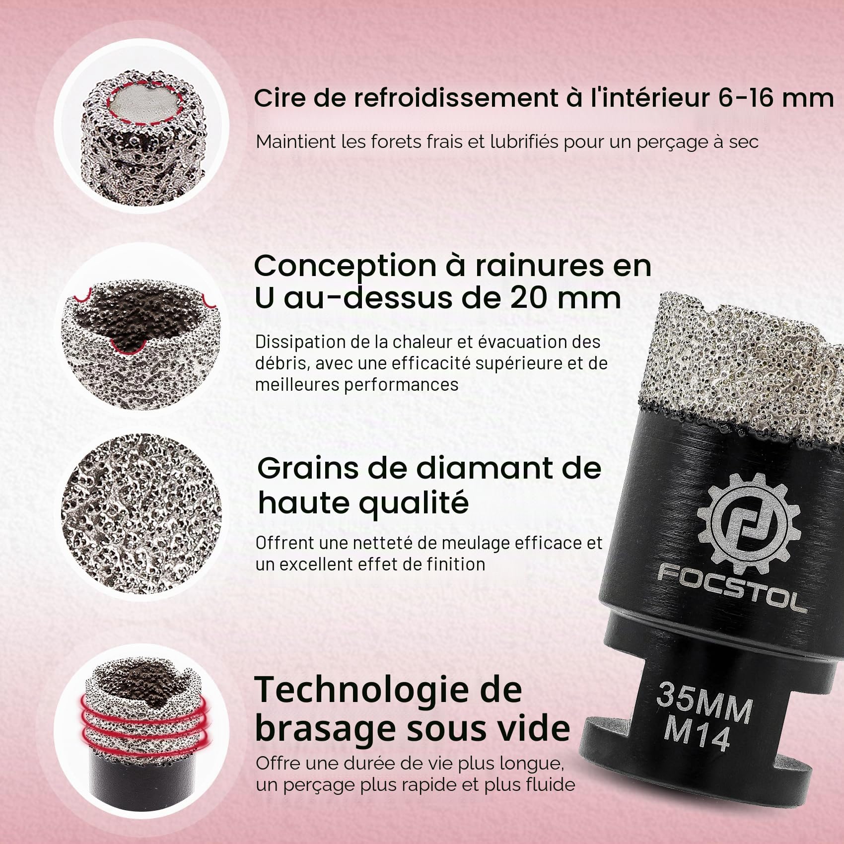 FOCSTOL Scie Cloche Carrelage Kit - Foret Diamant Carrelage Kit pour Porcelaine Marbre Granit 12 pièces (6/8/10/25/35/50/68/110mm+50mm Mèches Chanfrein+20mm Fraise+Adaptateur+125mm Disque)