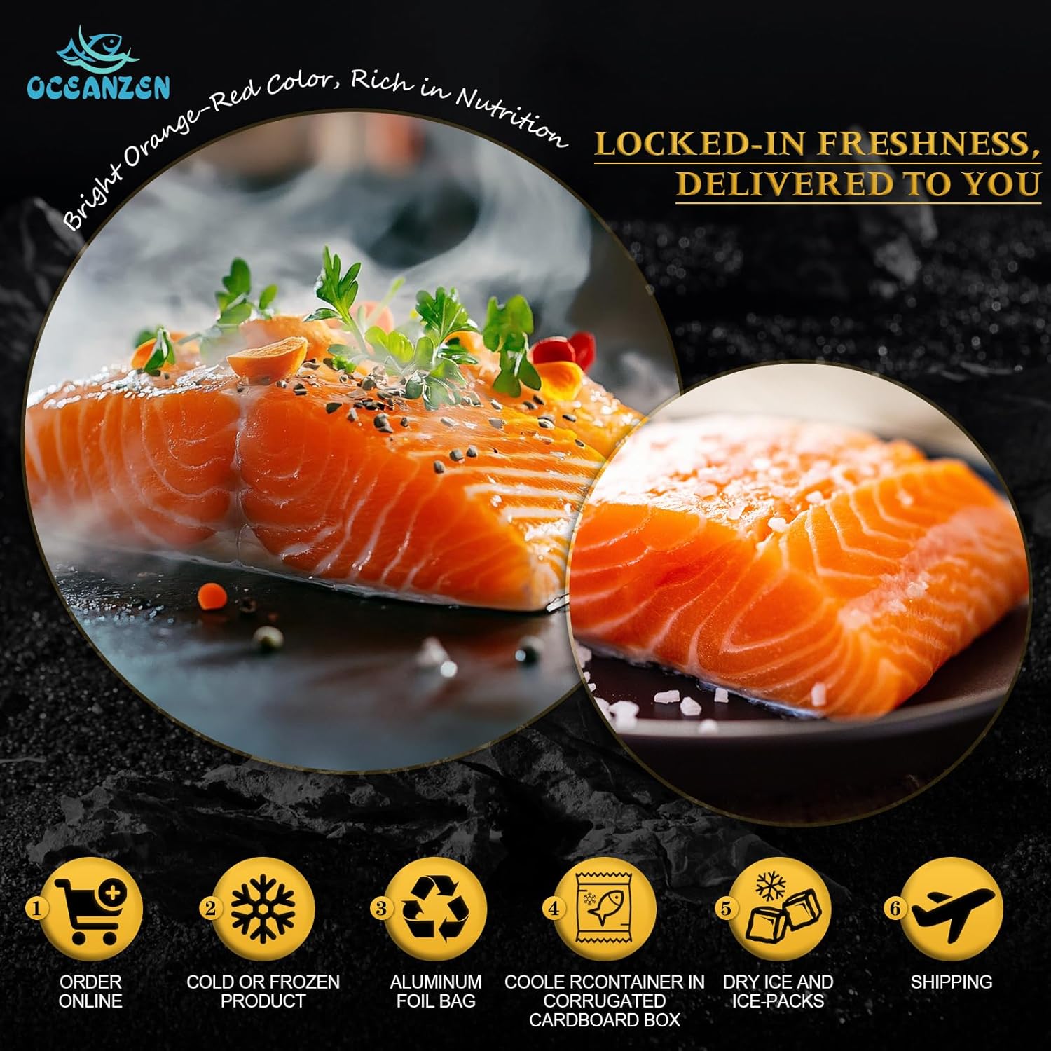 OCEANZEN Frozen Salmon Filets – Premium Skinless Salmon Fillets, 8oz Each – Omega-3 Rich Frozen Salmon (4 Fillets) 2 lbs