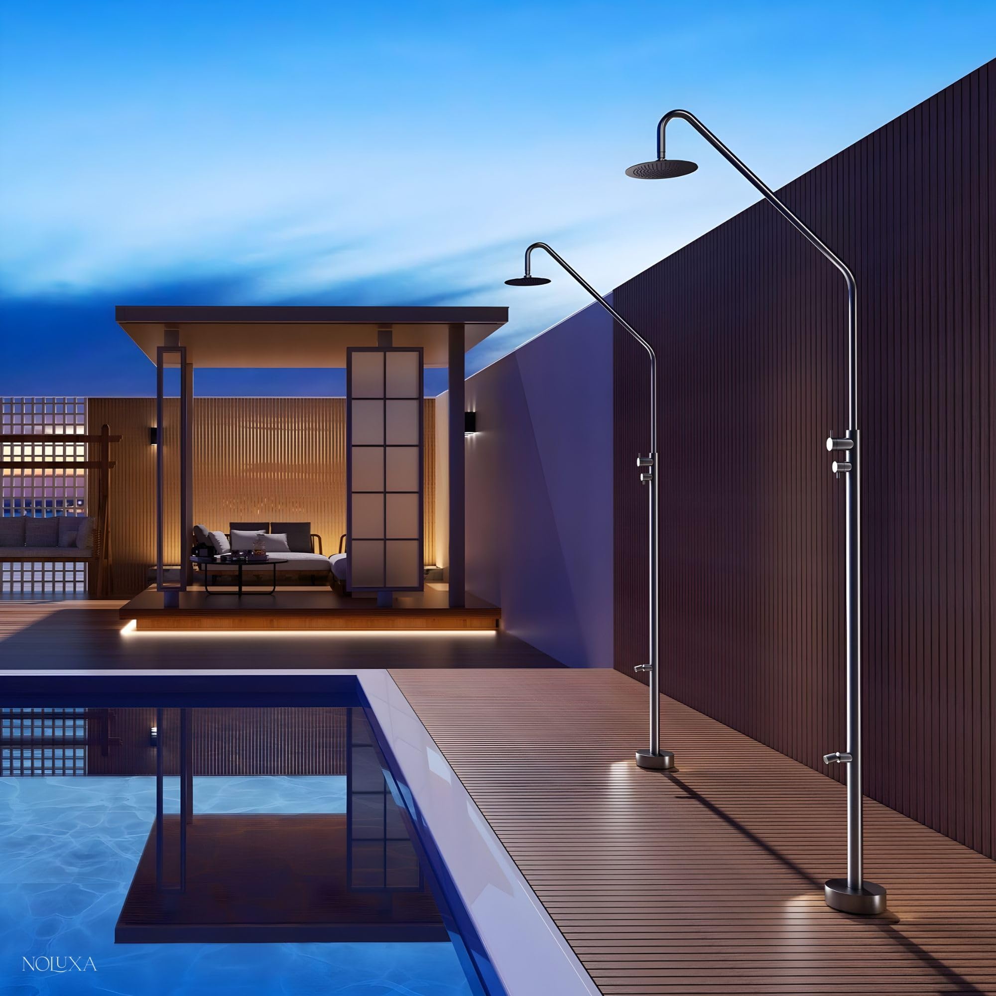 IMEX - Ducha Piscina Exterior Acero S.316 con Lava-pies | Ducha Empotrada Suelo para Jardín, Piscina y Terraza | Grifería 1 vía (Agua Fría) con Rociador y Tratamiento Anticorrosión | Serie Dakota