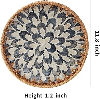 Round Rattan Tray with Mother of Pearl Inlay, Rattan Serving Tray with Wooden Base, Decorative Wicker Basket for Table Decor, Storage and Display of Coffee Bread Food Fruit (Plume)