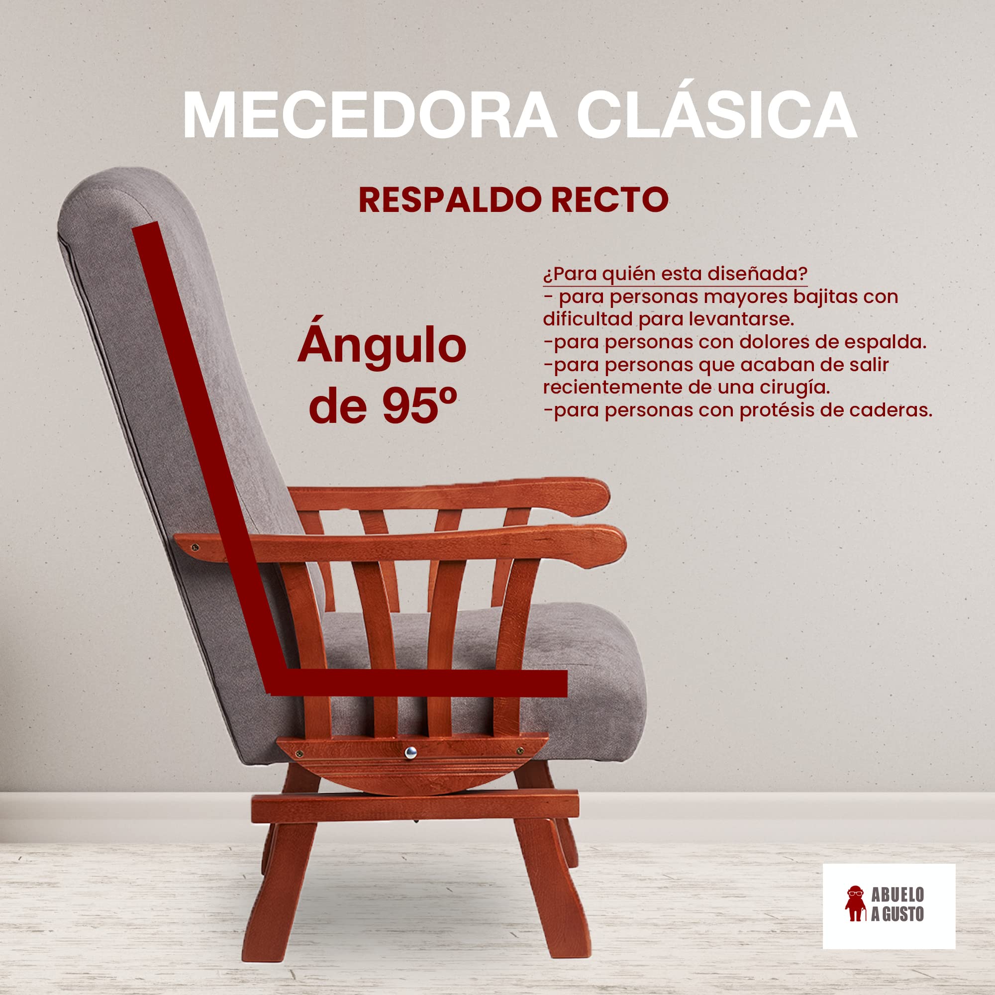 Mecedora clásica con Brazos de Madera de Haya, con Respaldo Recto. Ideal para Abuelita/Persona Mayor. Tamaño: 112x56x84 cm. (Cerezo, Gris)