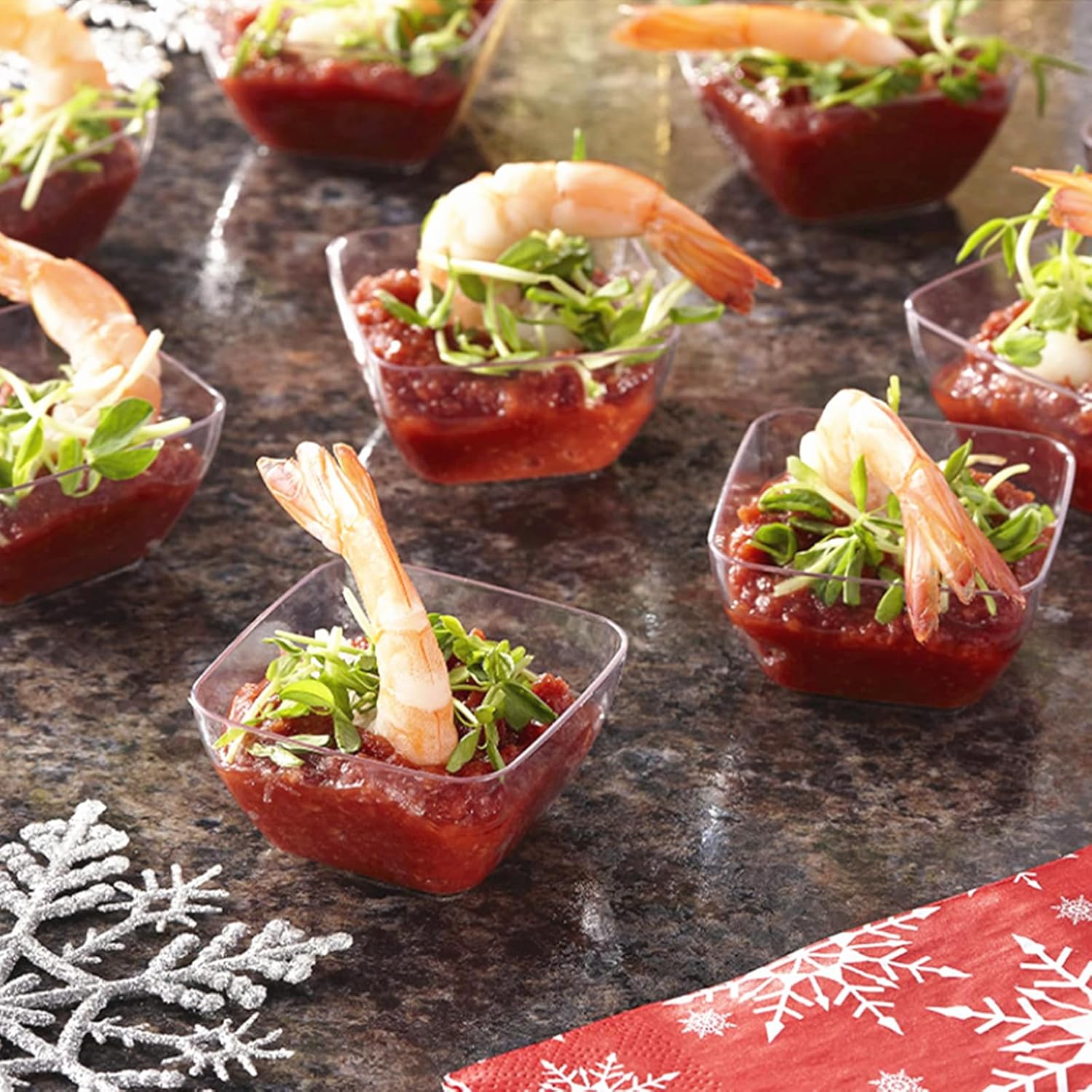 Zezzxu 100 Pack 2 oz Mini Dessert Cups with Spoons, Clear Plastic Reusable Small Square Party Serving Tiny Bowls for Individual Appetizers, Trifle, Cheesecake, Hors D'oeuvres - Image 6