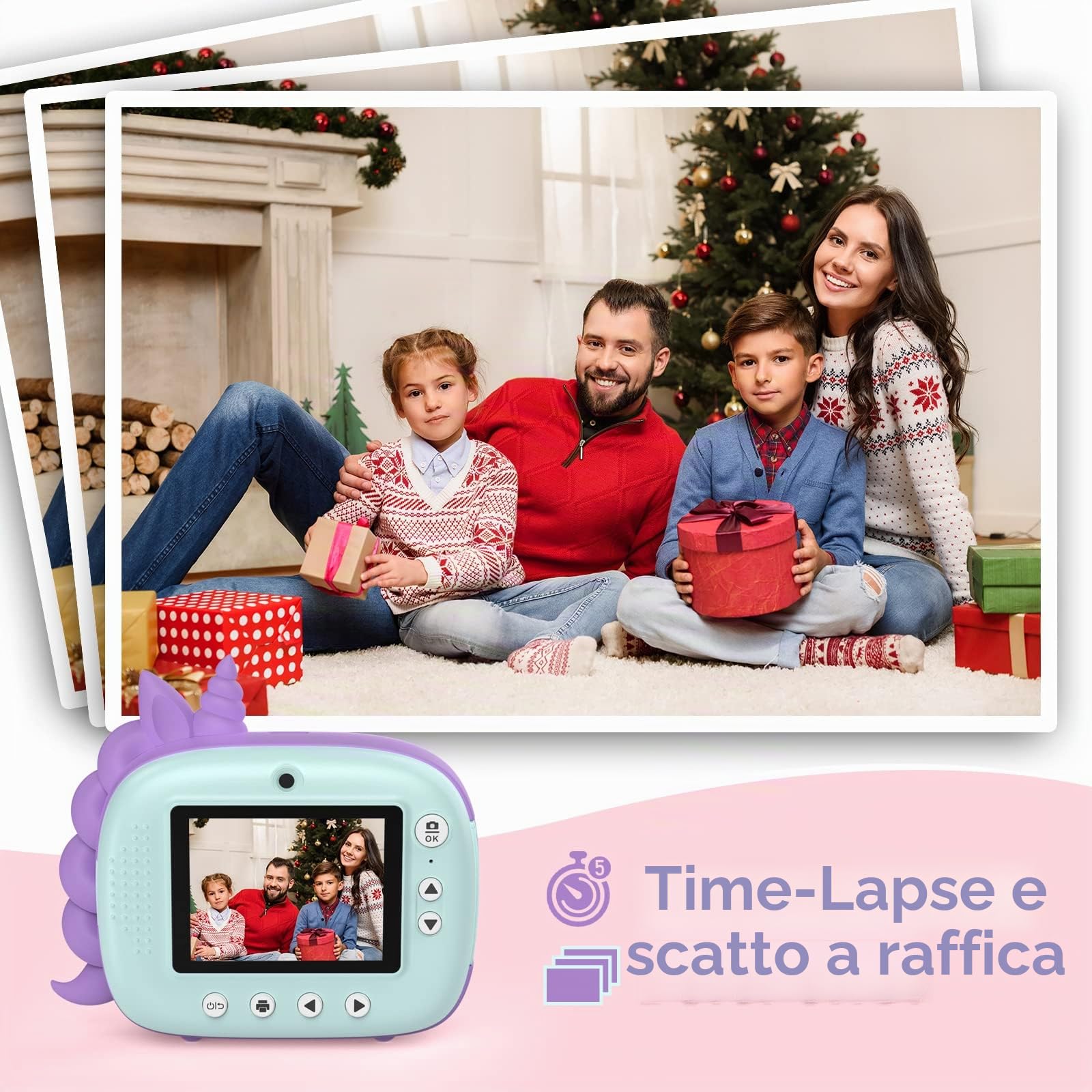 HiMont Fotocamera istantanea per bambini, fotocamera digitale con carta da stampa e scheda TF da 32 G, penne colorate e clip per foto fai da te, regalo per bambini dai 3 ai 14 anni (verde)